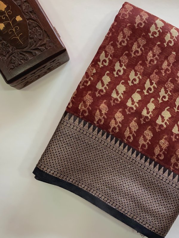 Mustard Chanderi Cotton Printes Saree