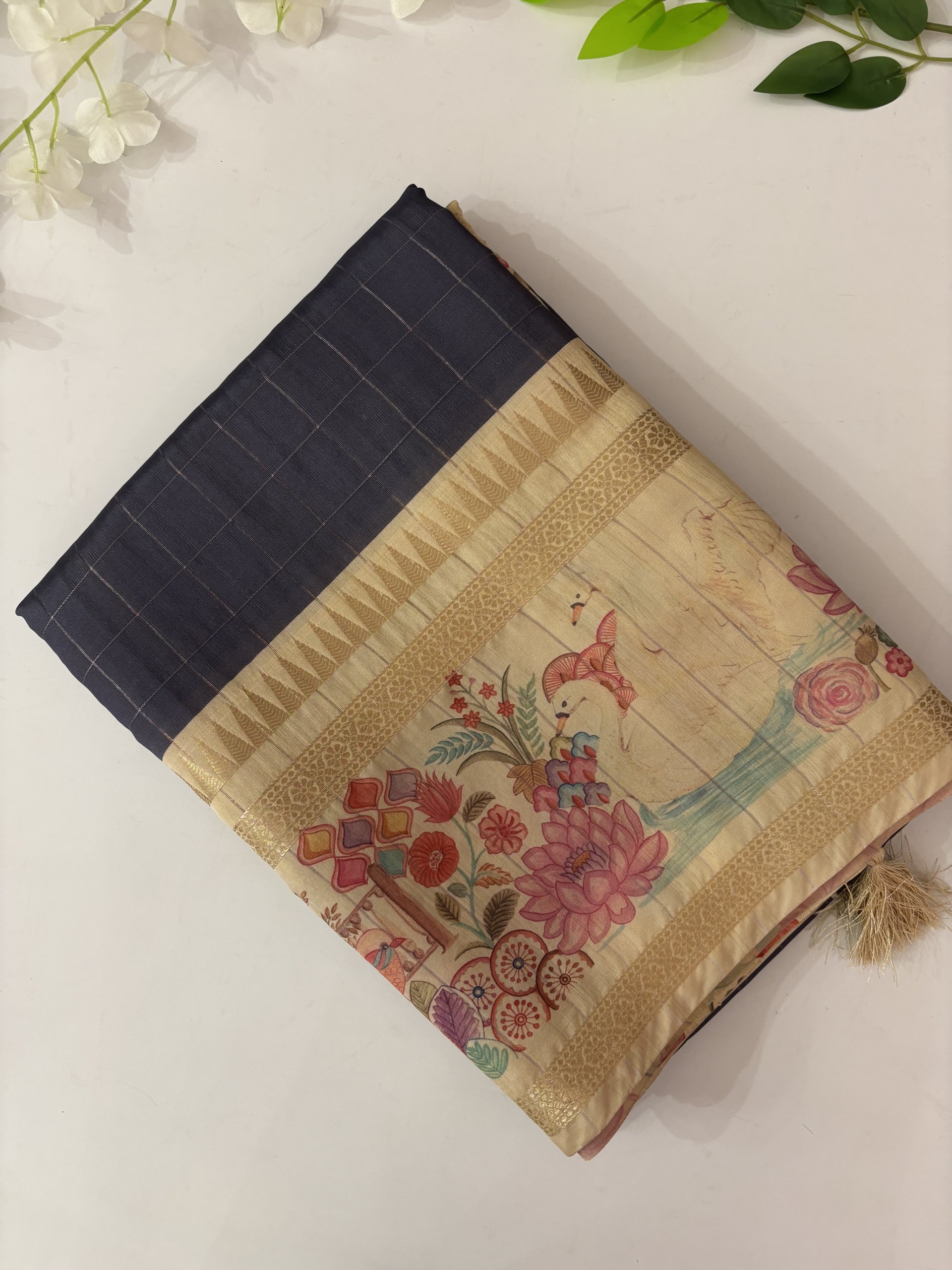 Women's Tussar Silk Grey Digital Print Designer Saree With Blouse Piece