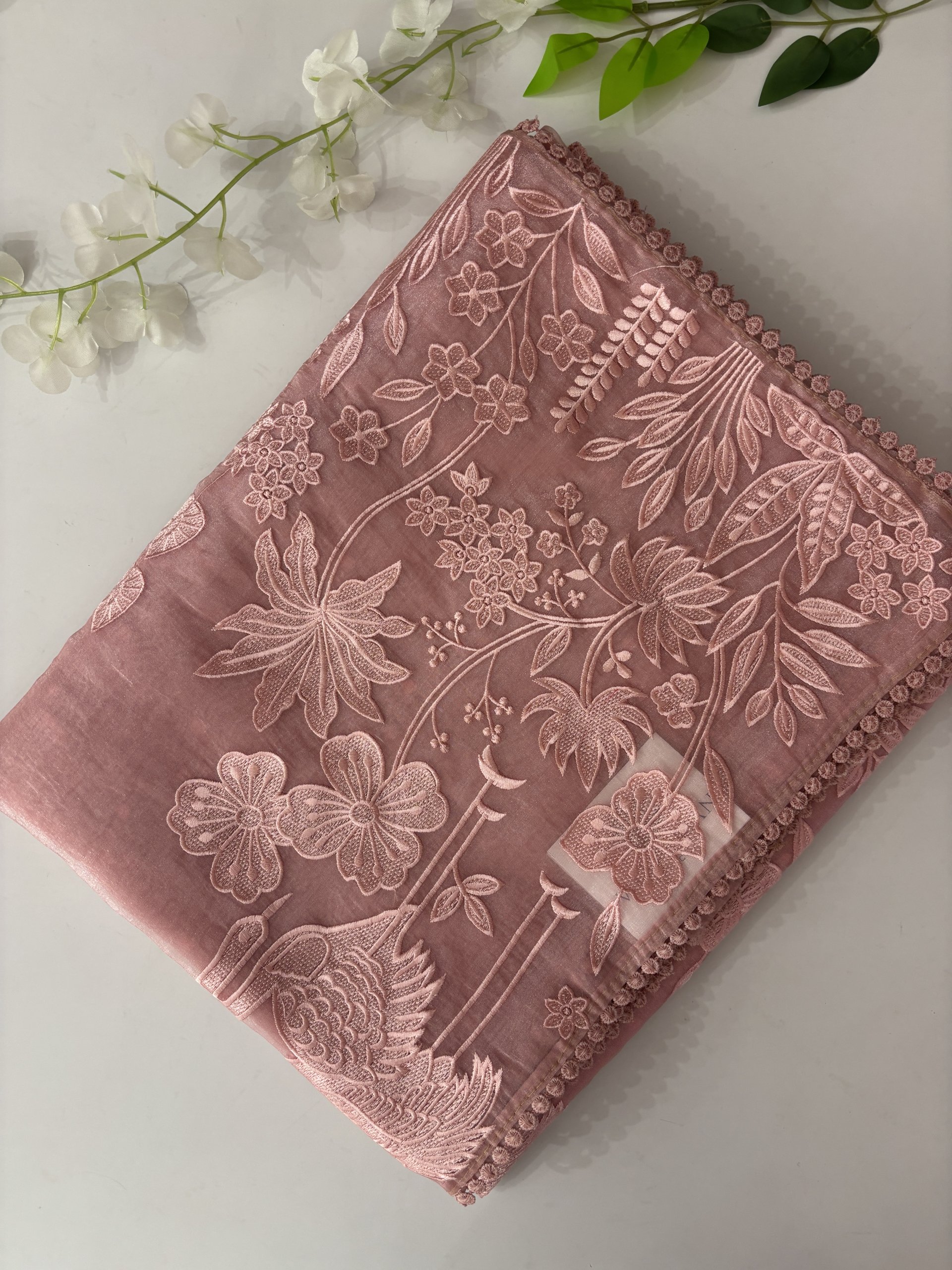 Blush Pink Tissue Organza Silk Embroidered Designer Saree