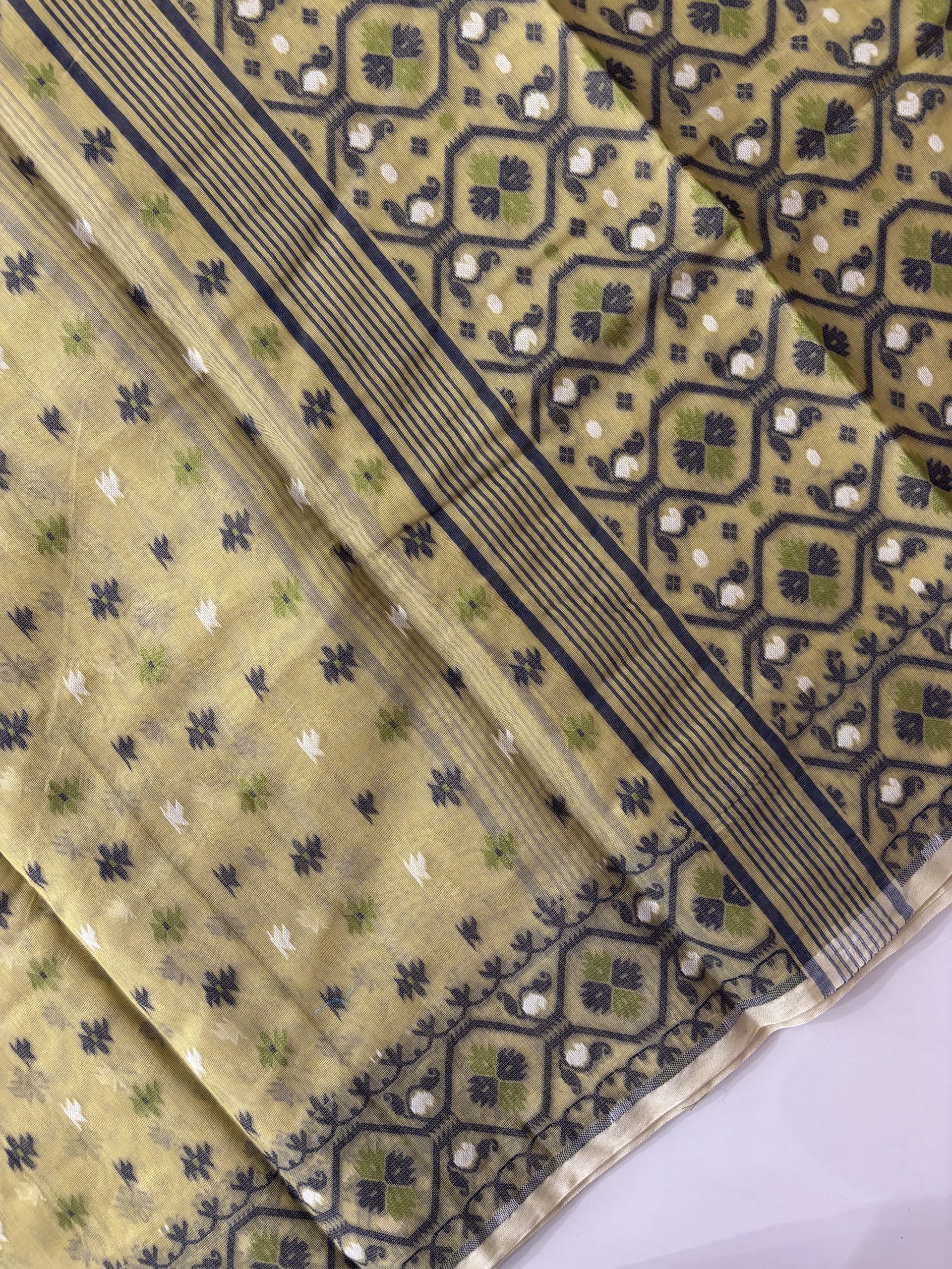 Yellow - Silk Cotton Dhakai Jamdani Saree  03