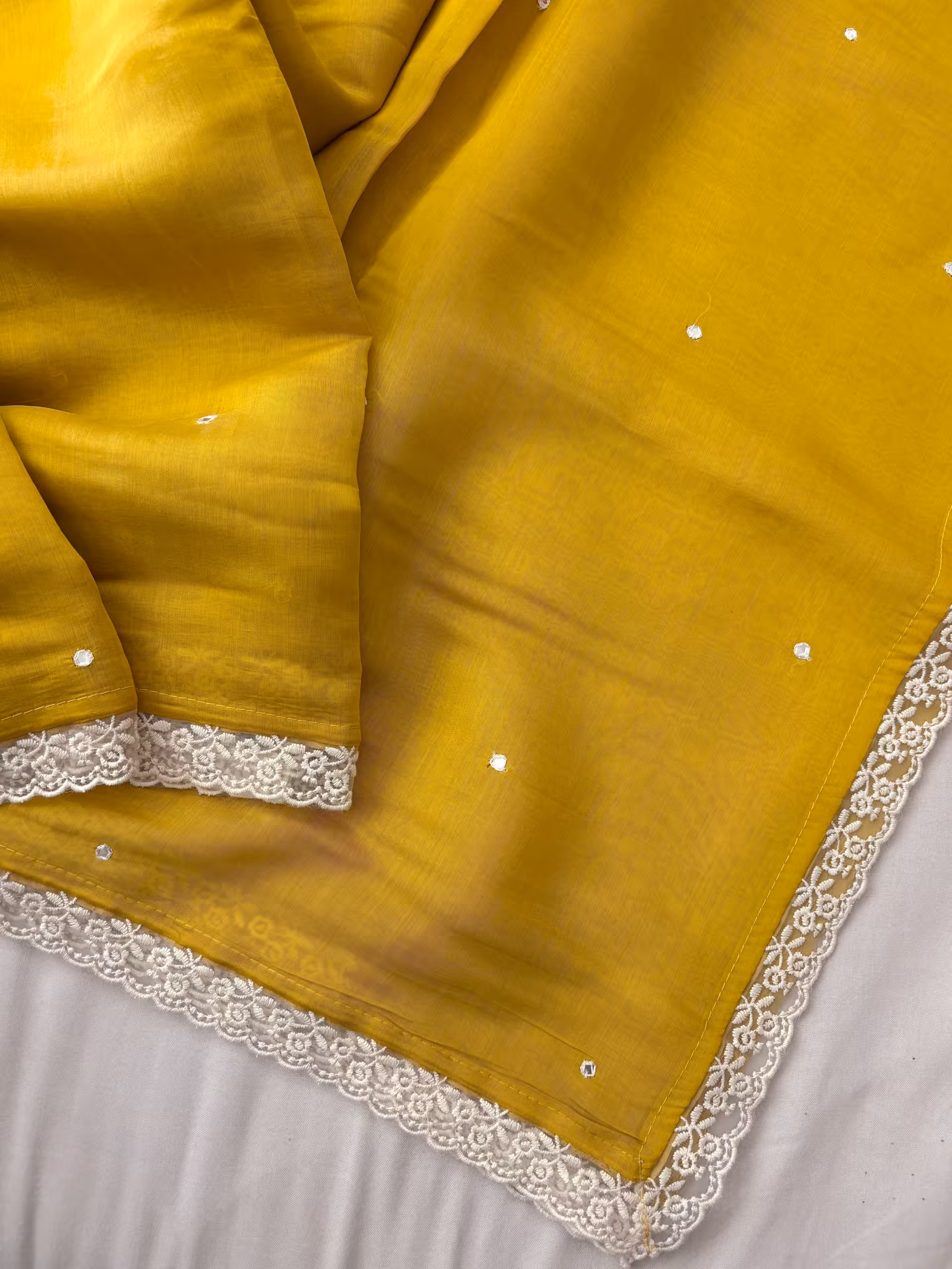 Yellow Mul Chanderi Saree with Mirror Work
