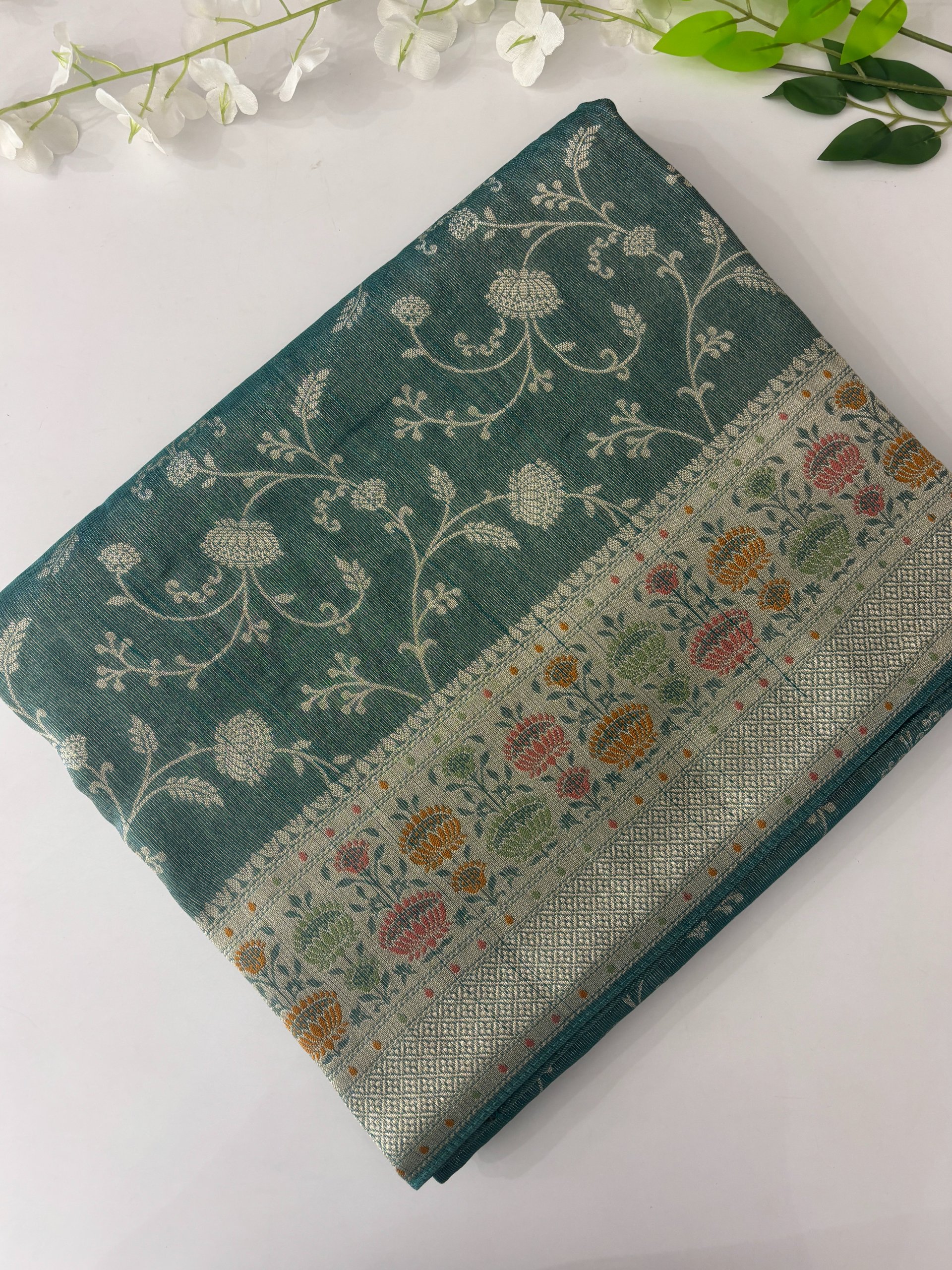 Green Banarasi Tussar Tissue Saree