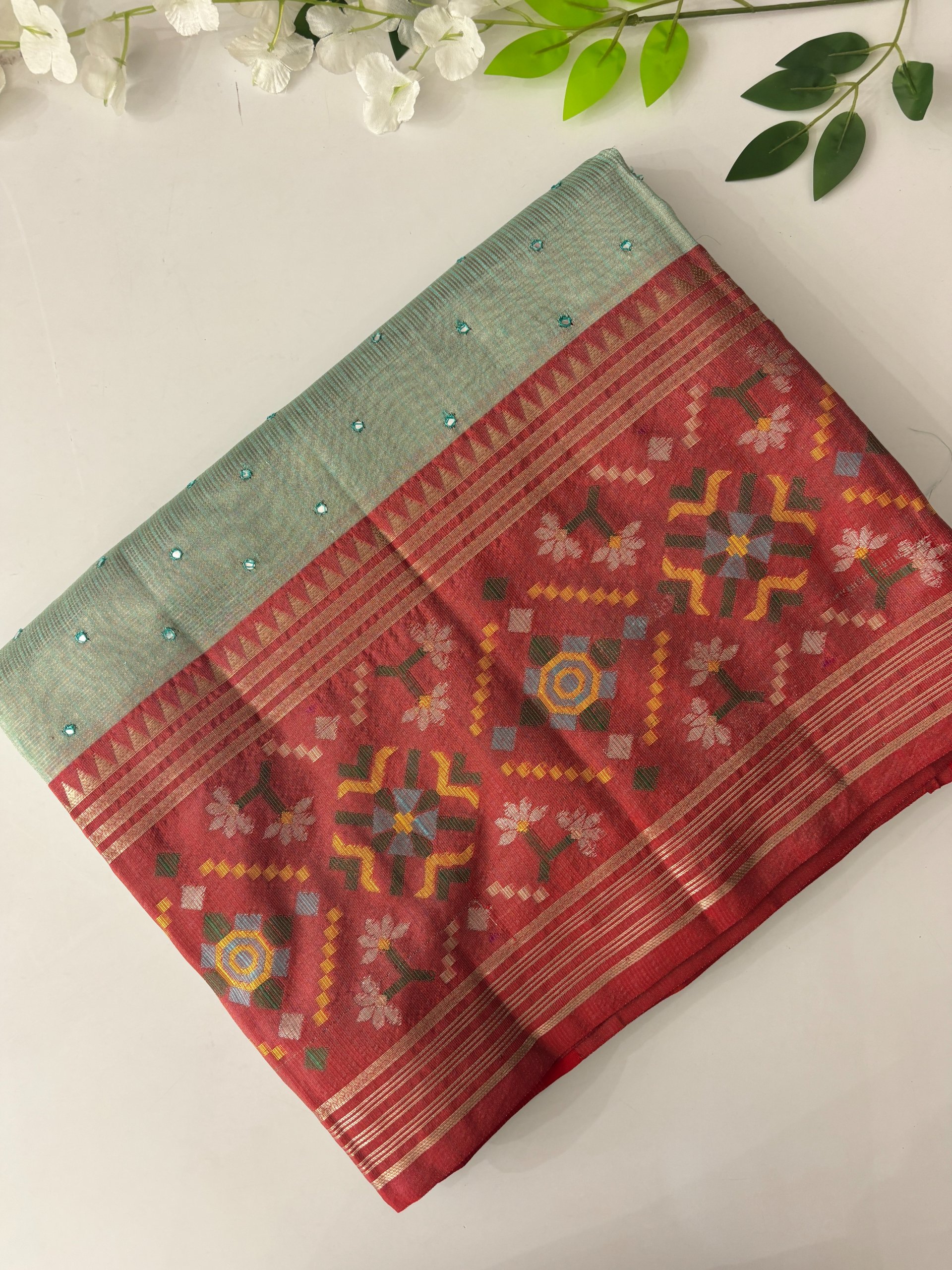 Teal Tissue Kota Cotton Saree with Mirror Work