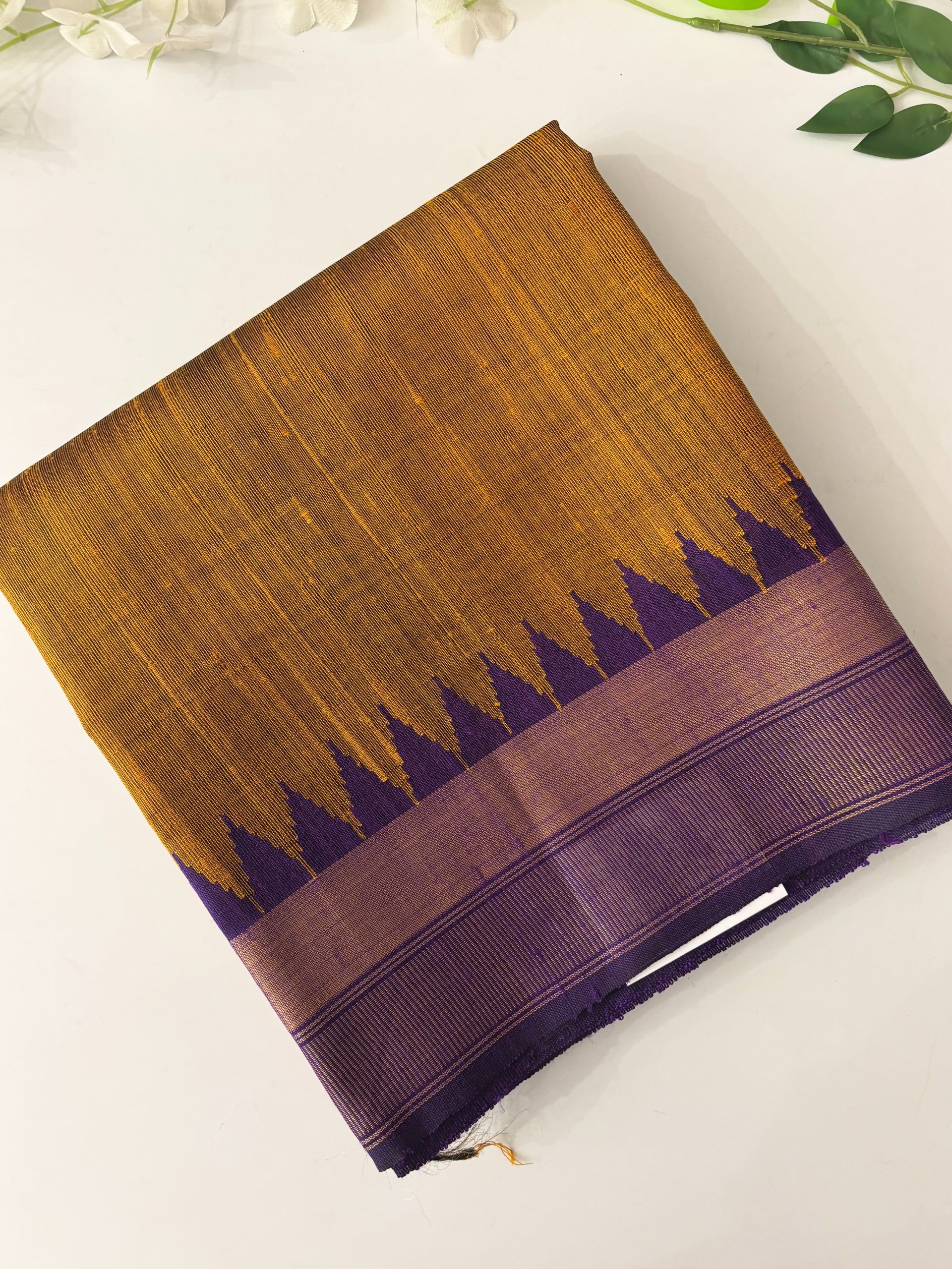 Mustard Temple Border Pure Handloom Raw Silk Saree