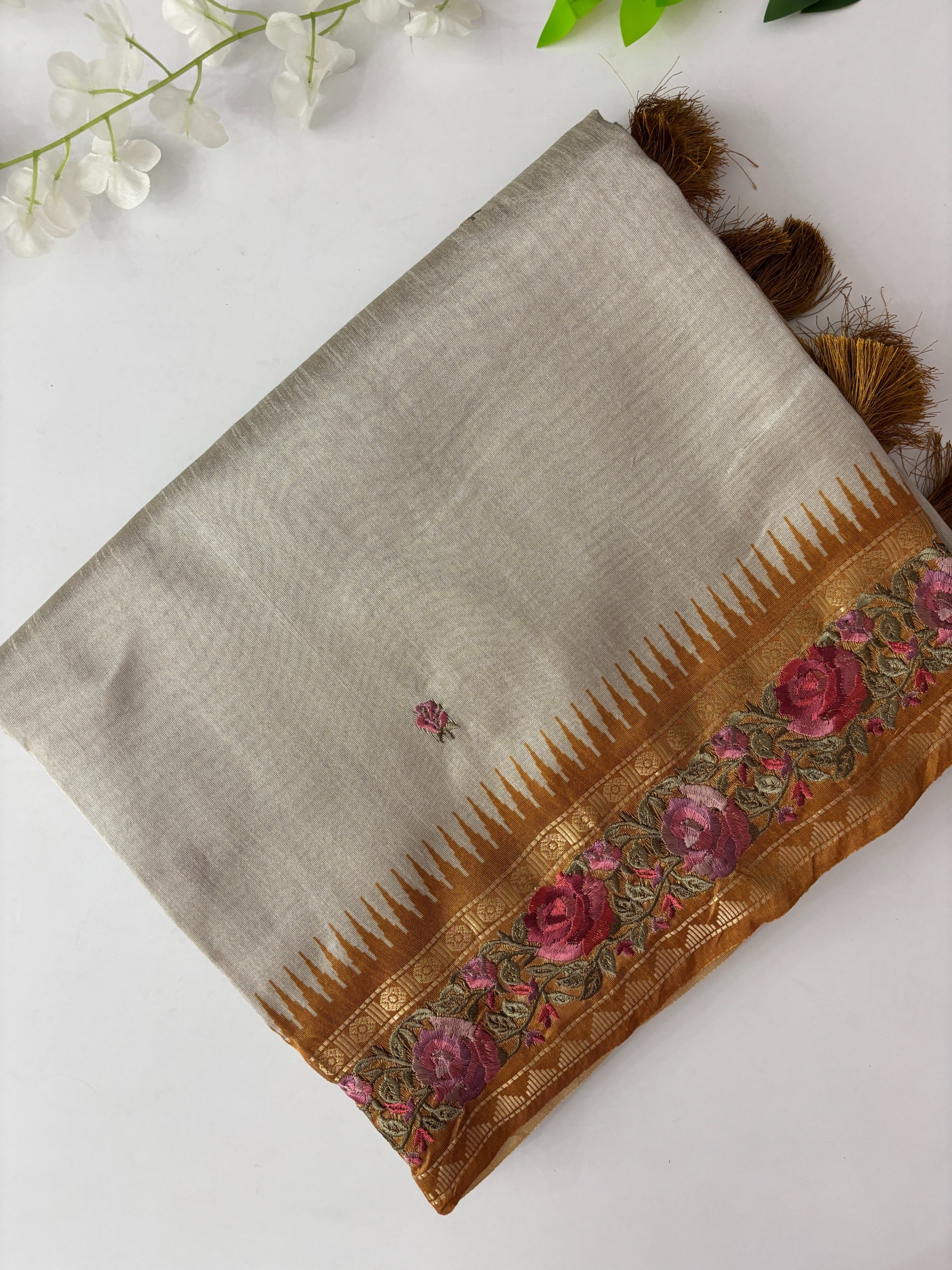Mustard Border Tussar Silk Saree with Border Embroidery