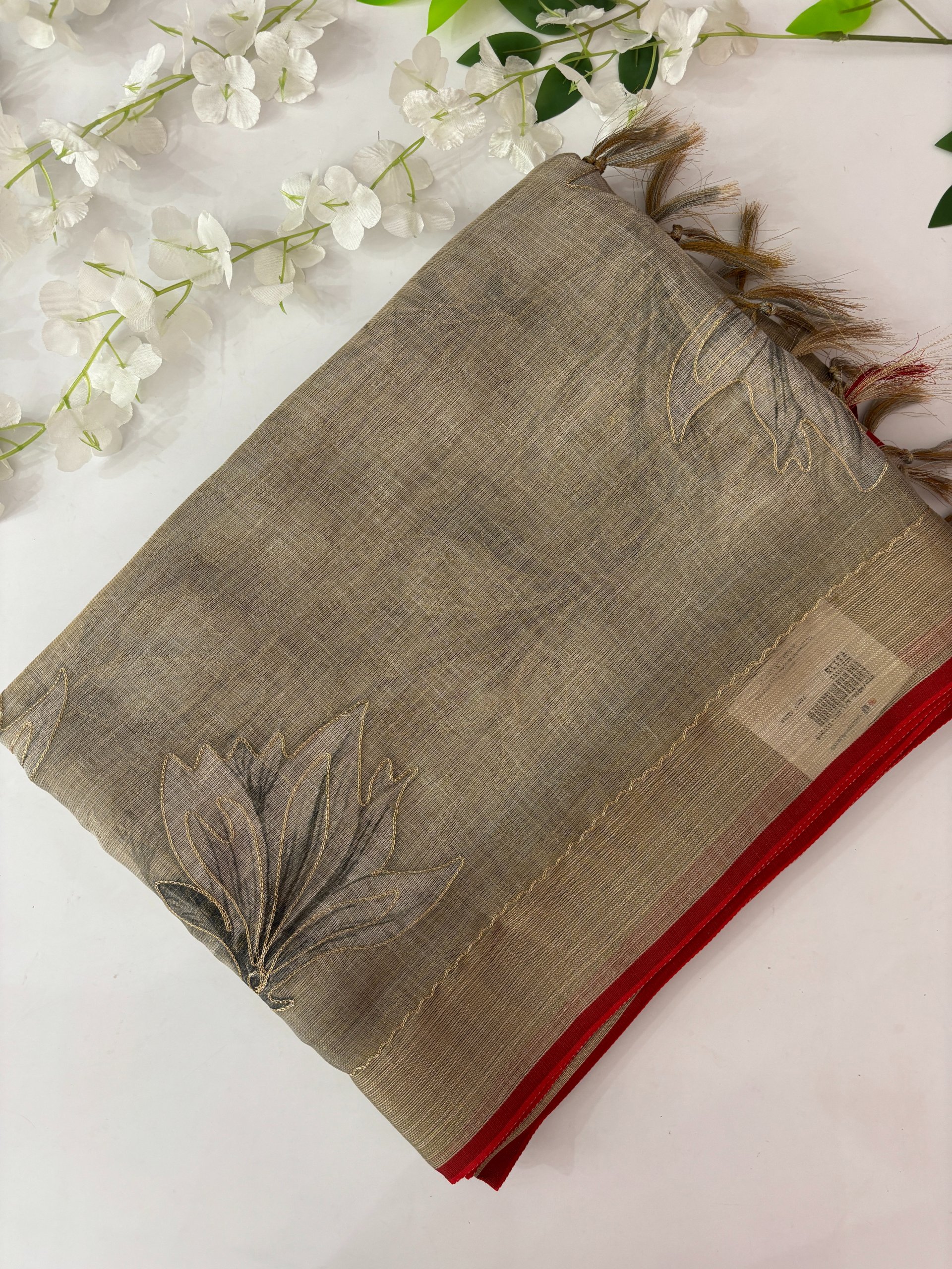 Grey Linen Tissue Saree with Aari Work