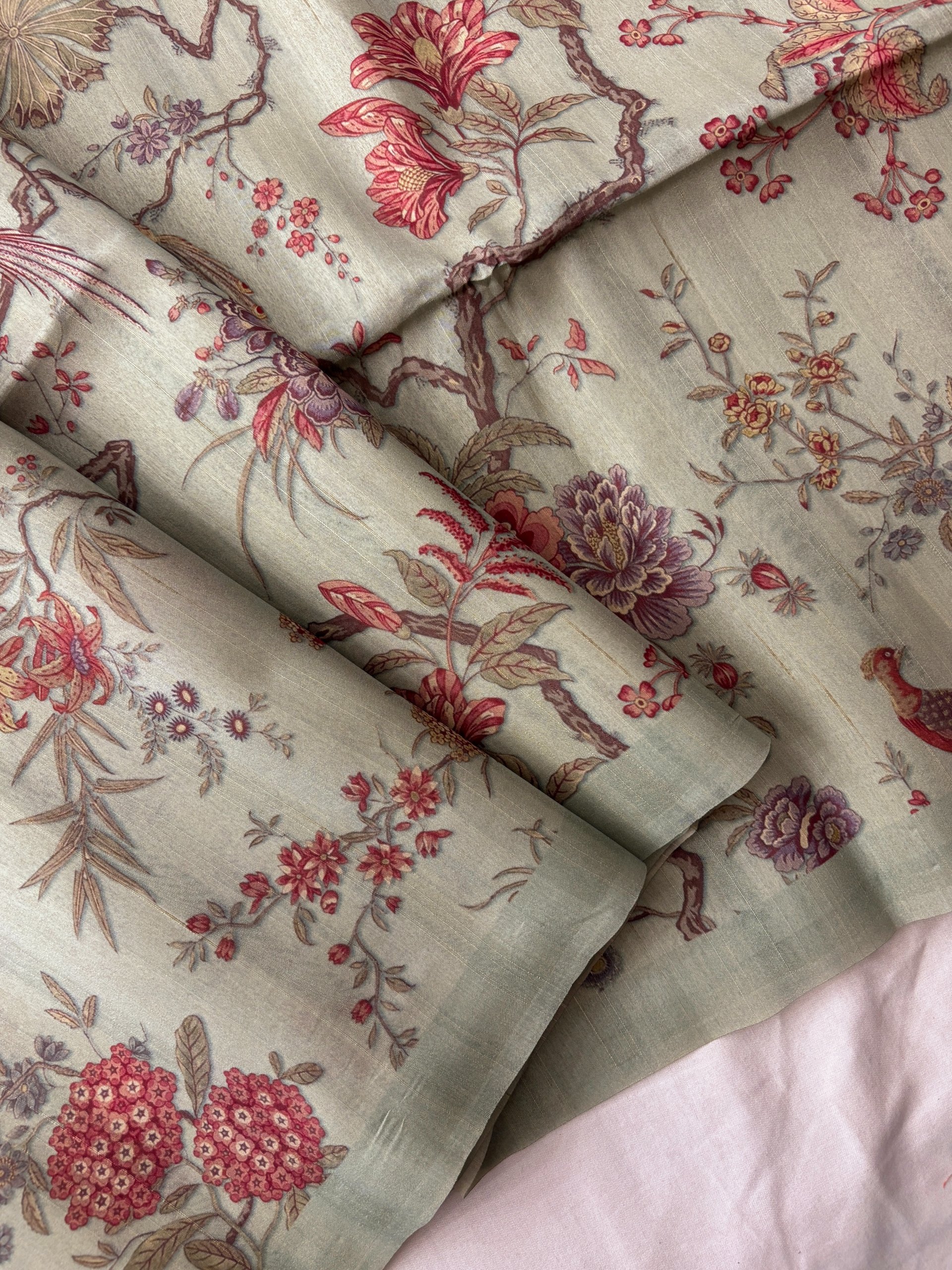 Dusty Green Printed Tussar Silk Saree