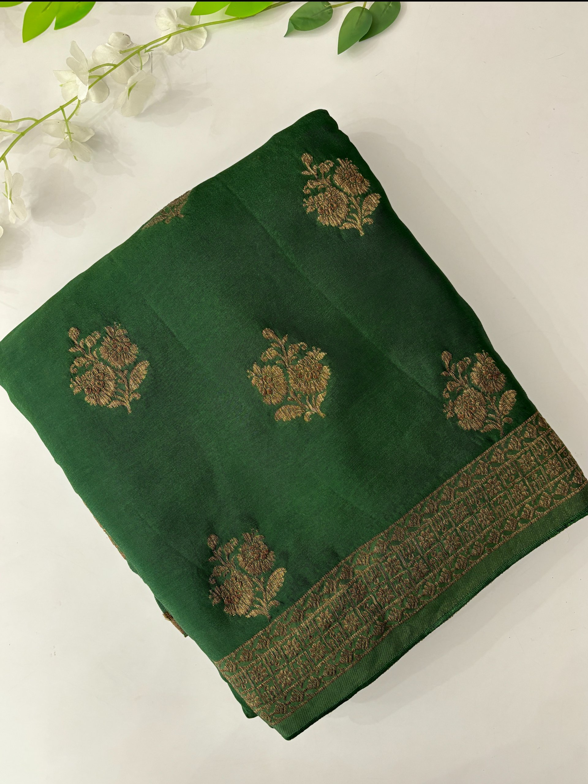 Bottle Green Semi Banarasi Crepe Saree