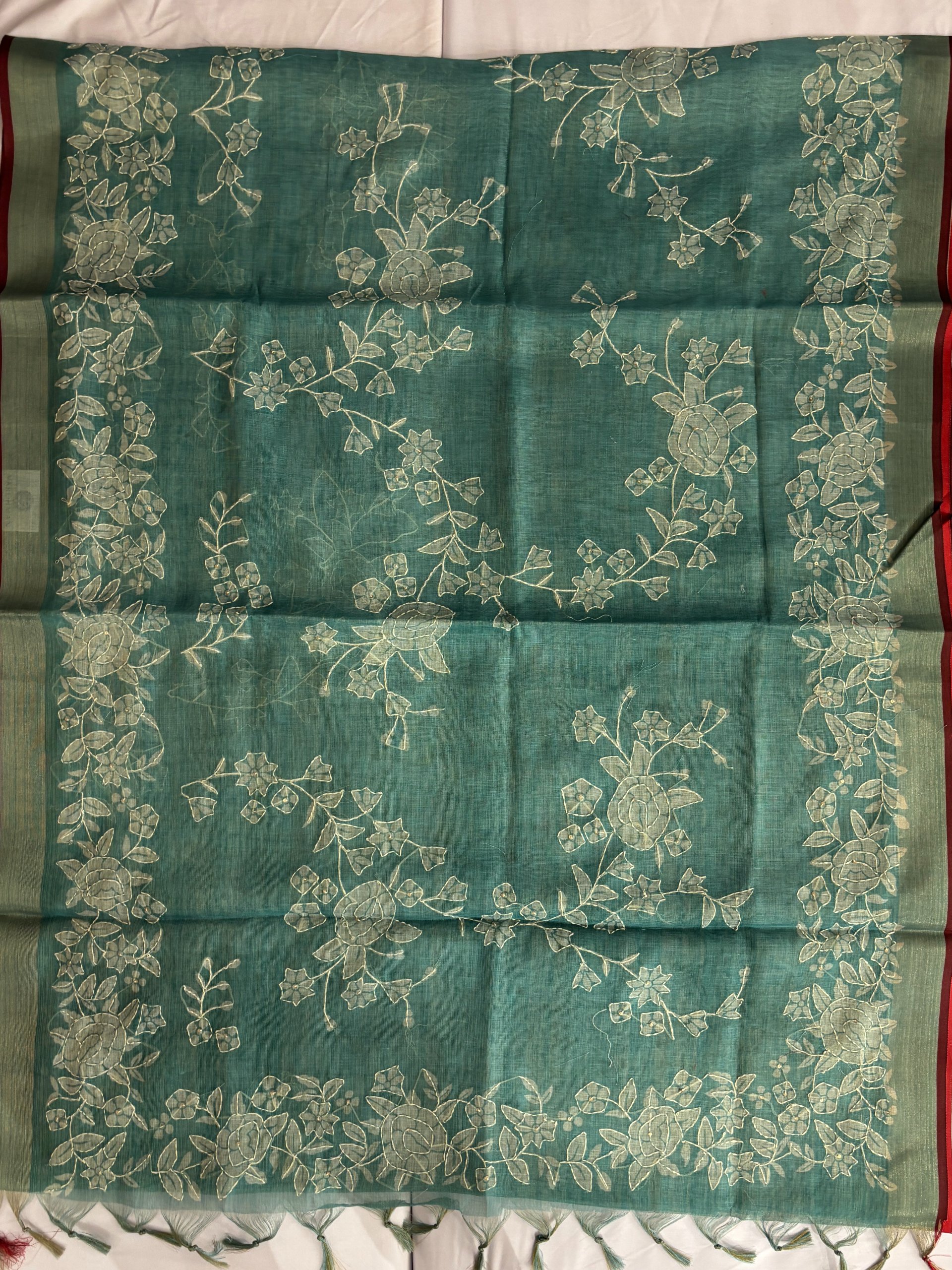 Sandal Color Little Floral Border Katha Work Half Linen By Tissue Saree With Running Blouse