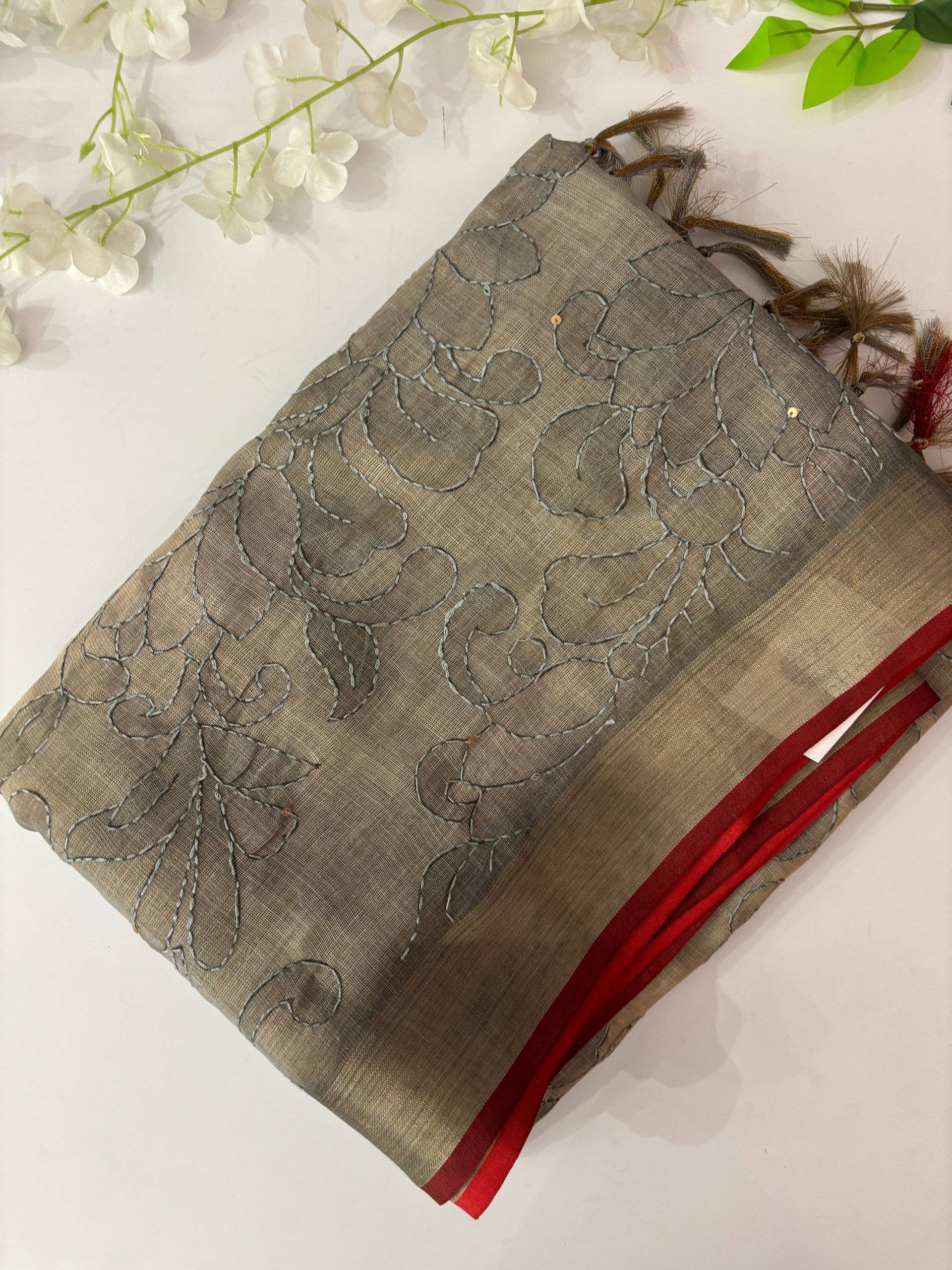 Grey Linen Tissue Saree with Kantha Work