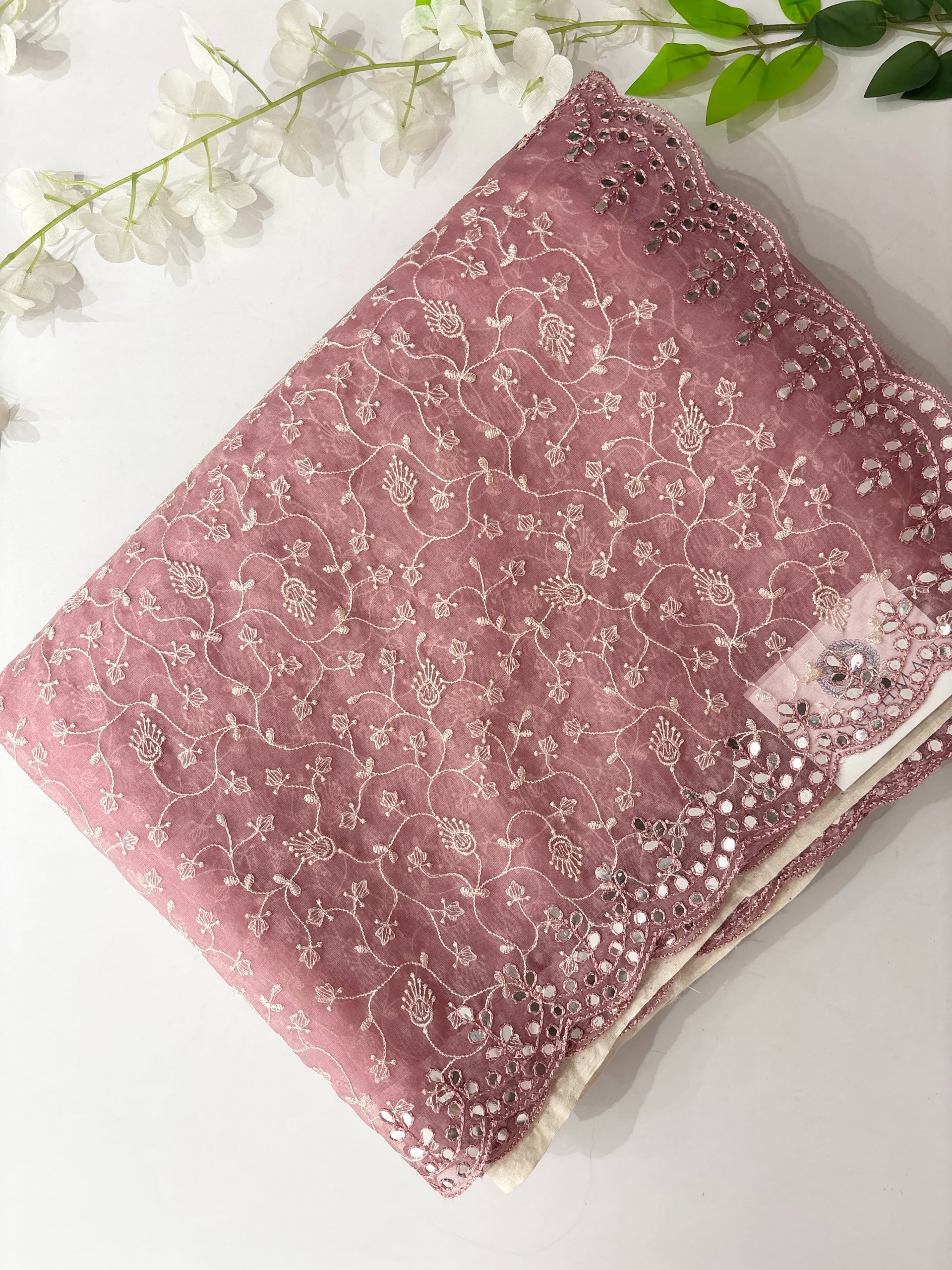 Pink Organza Saree with Embroidery & Mirror Work
