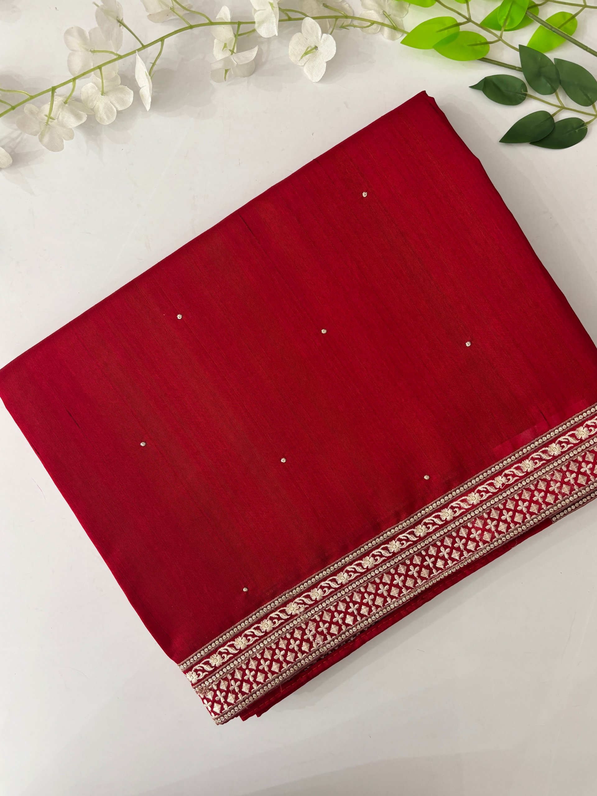 Red Tussar Silk Saree with Embroidery