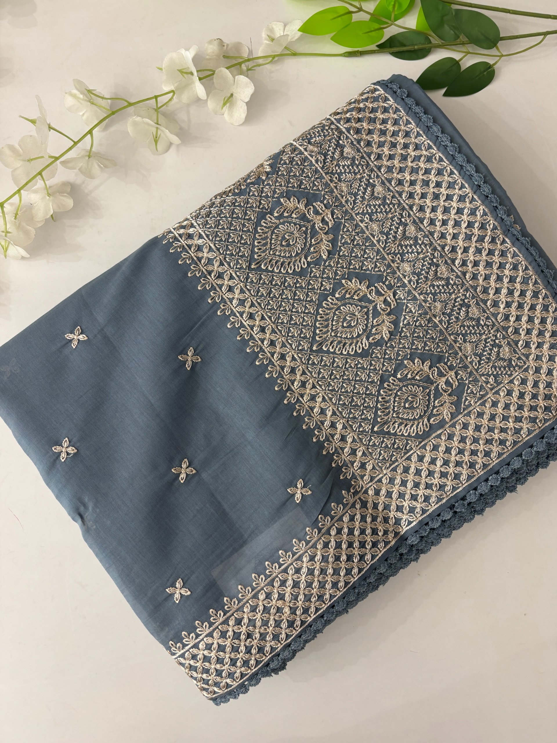 Powder Blue Mul Chanderi Saree with Embroidery