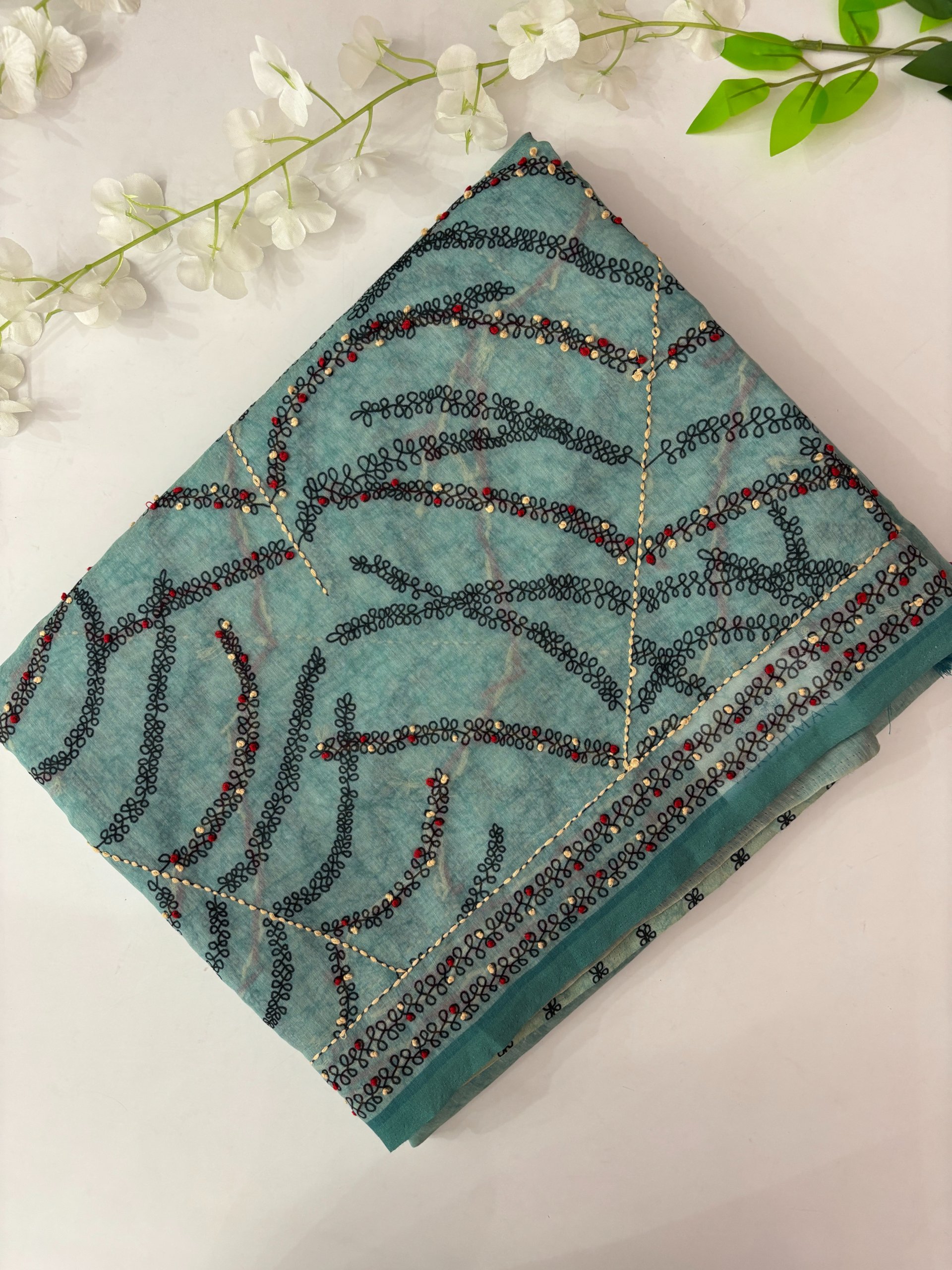 Turquoise Blue Printed Chanderi Cotton Saree with Knot Work