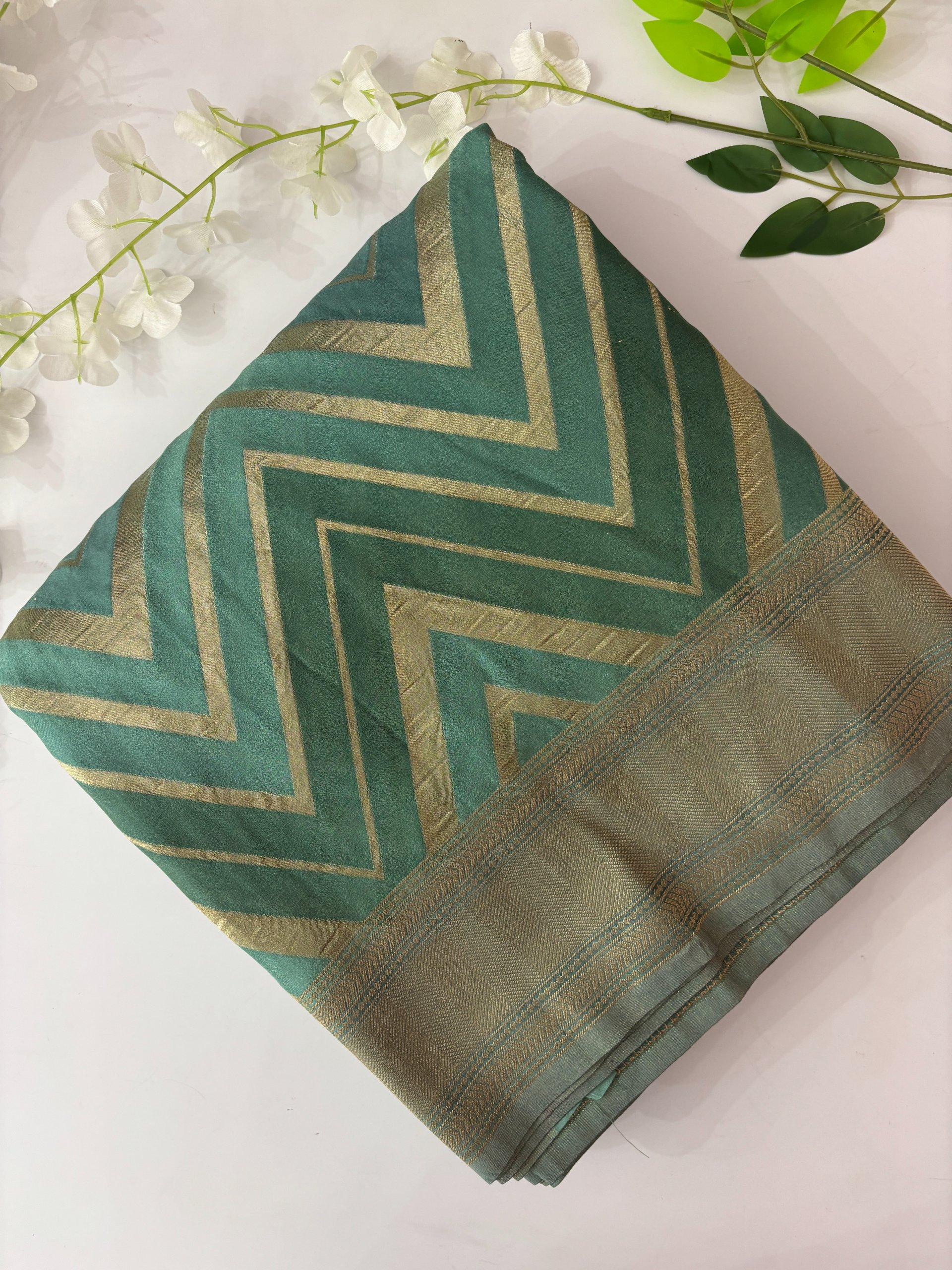 Dusty Green Banarasi Rangkat Crepe Saree