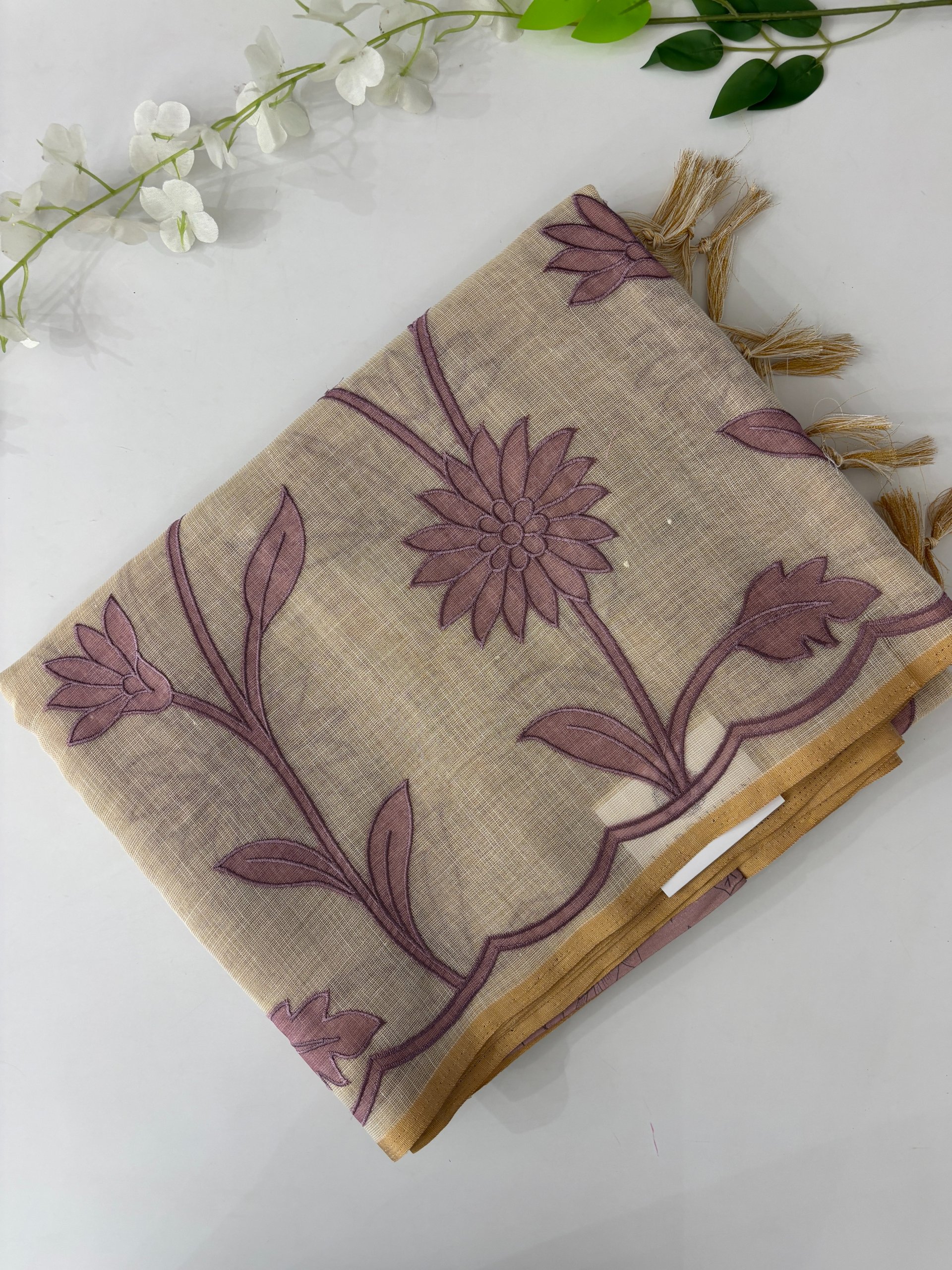 Cream with Lavender Applique Work Saree