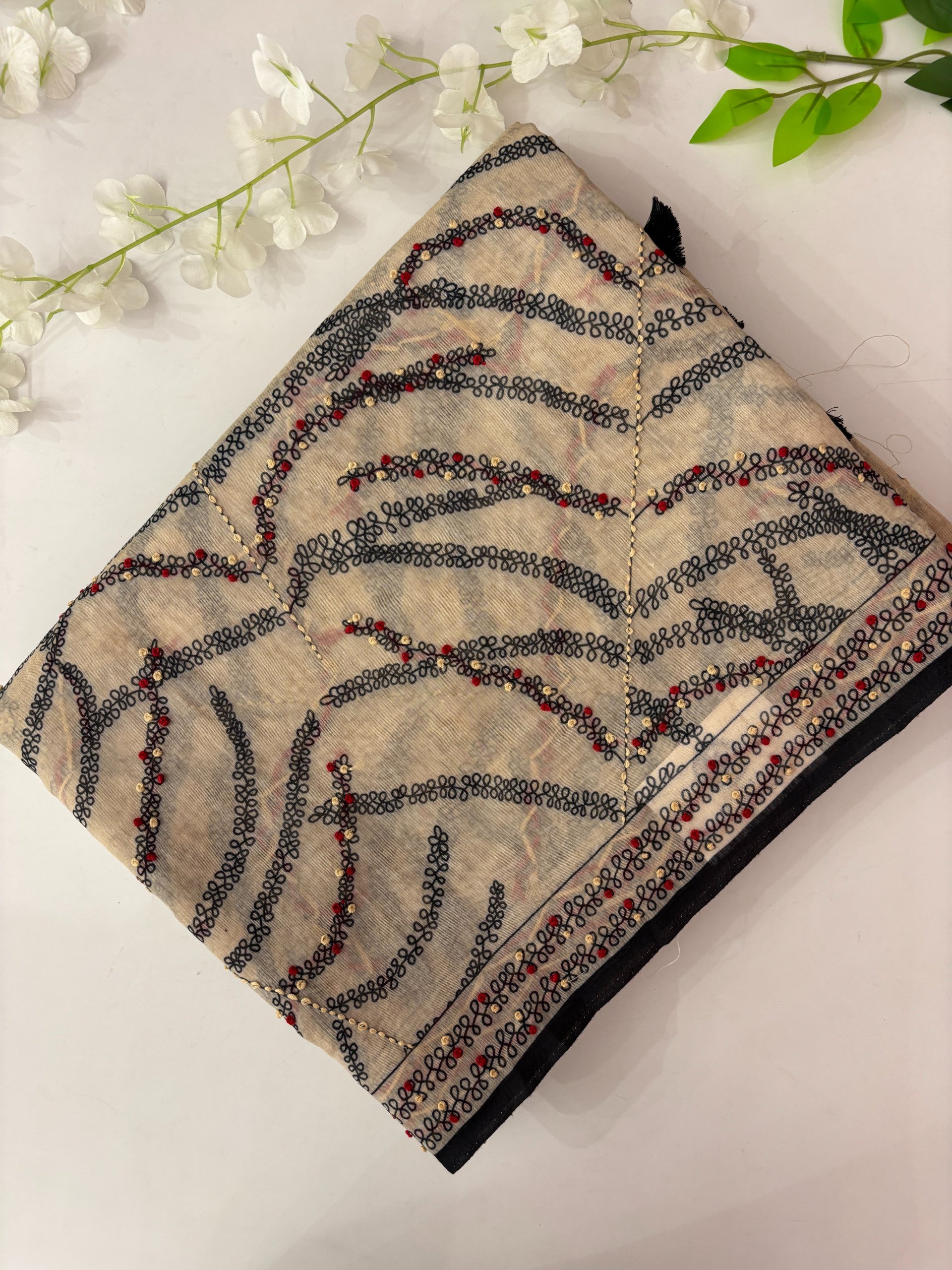 Off White Printed Chanderi Cotton Saree with Knot Work