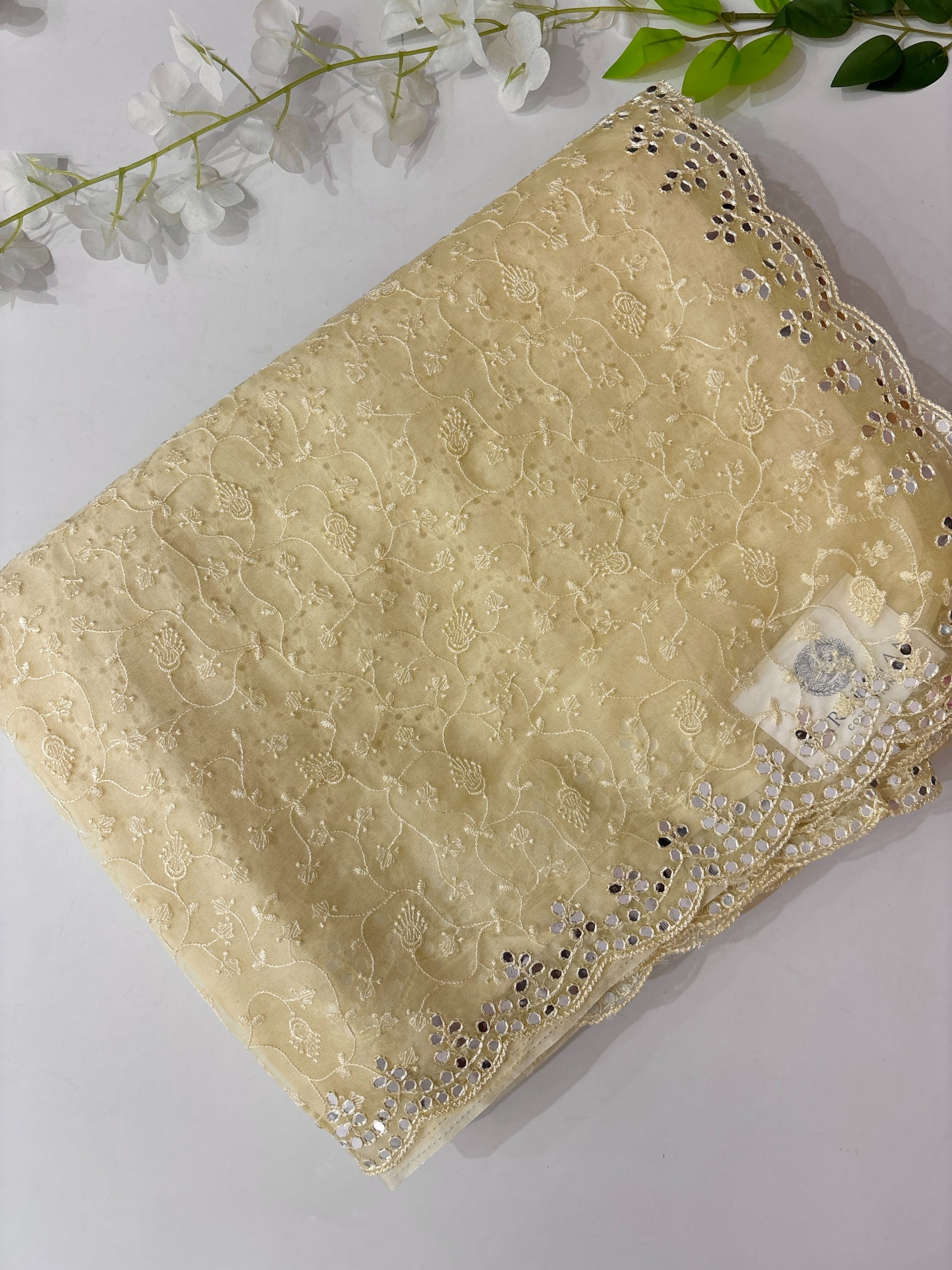 Light Yellow Organza Saree with Embroidery & Mirror Work