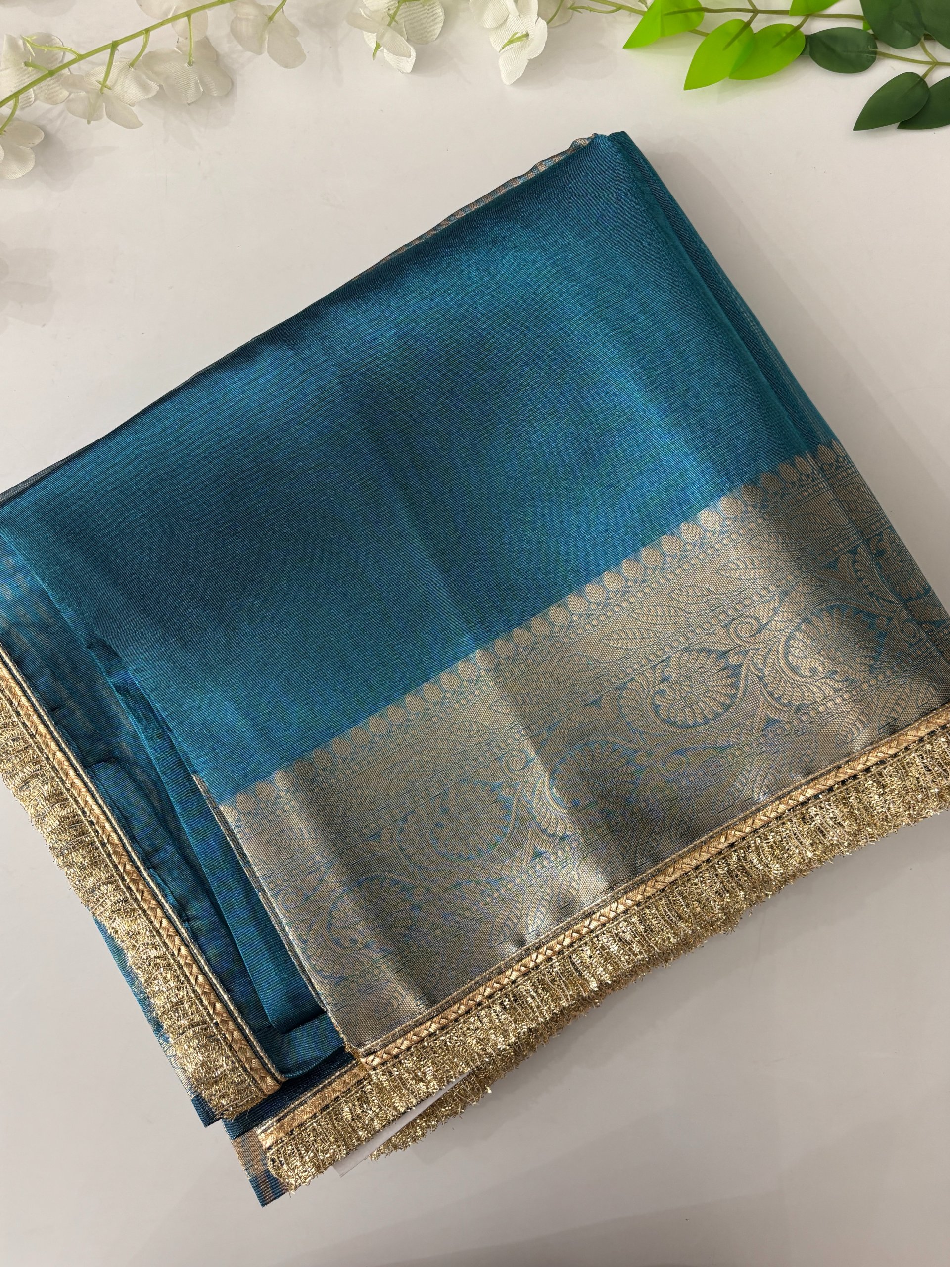 Blue Banarasi Tissue Saree with Lace Border