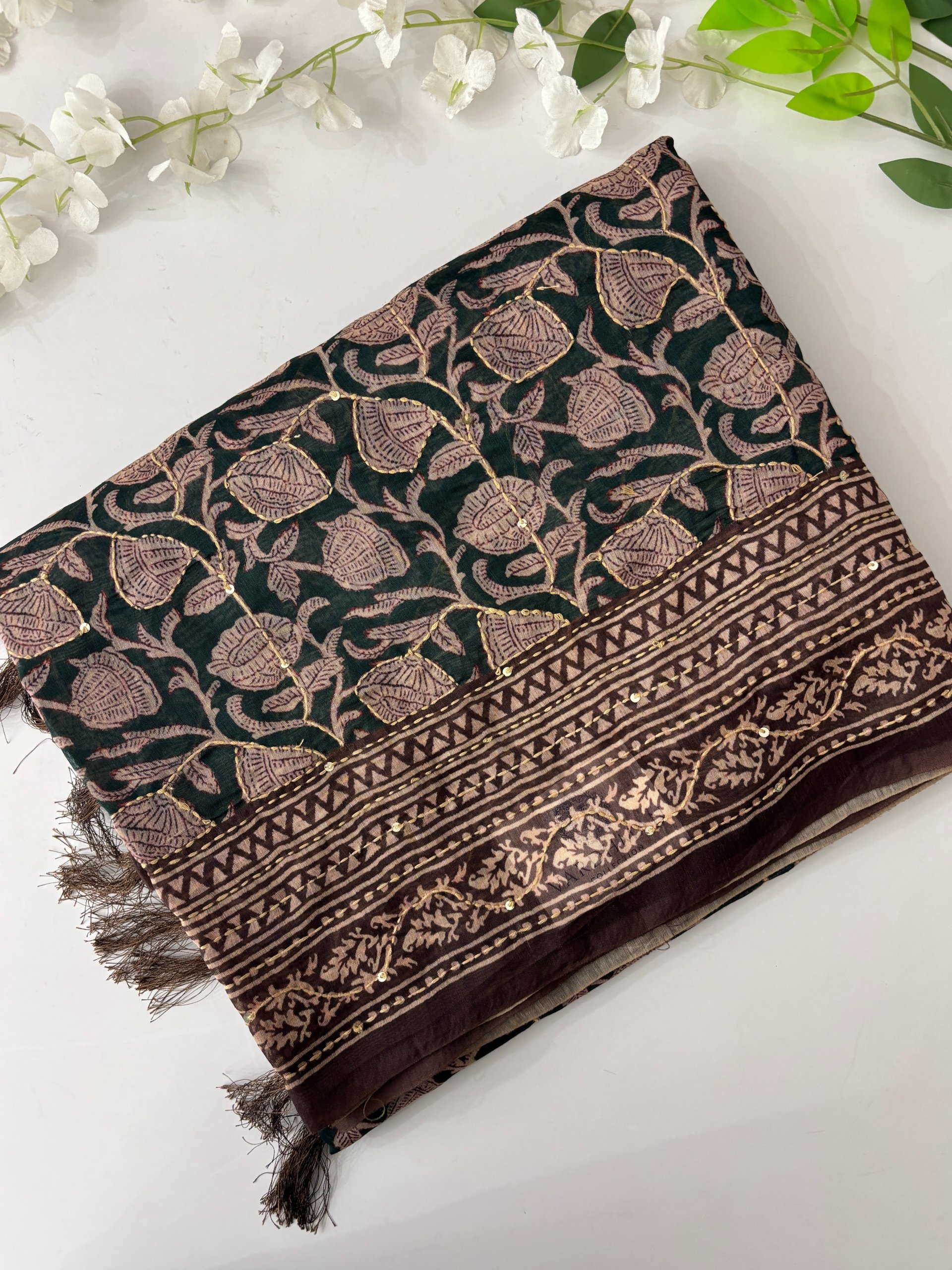 Bottle Green Kalamkari X Chanderi Cotton Saree with Kantha Work