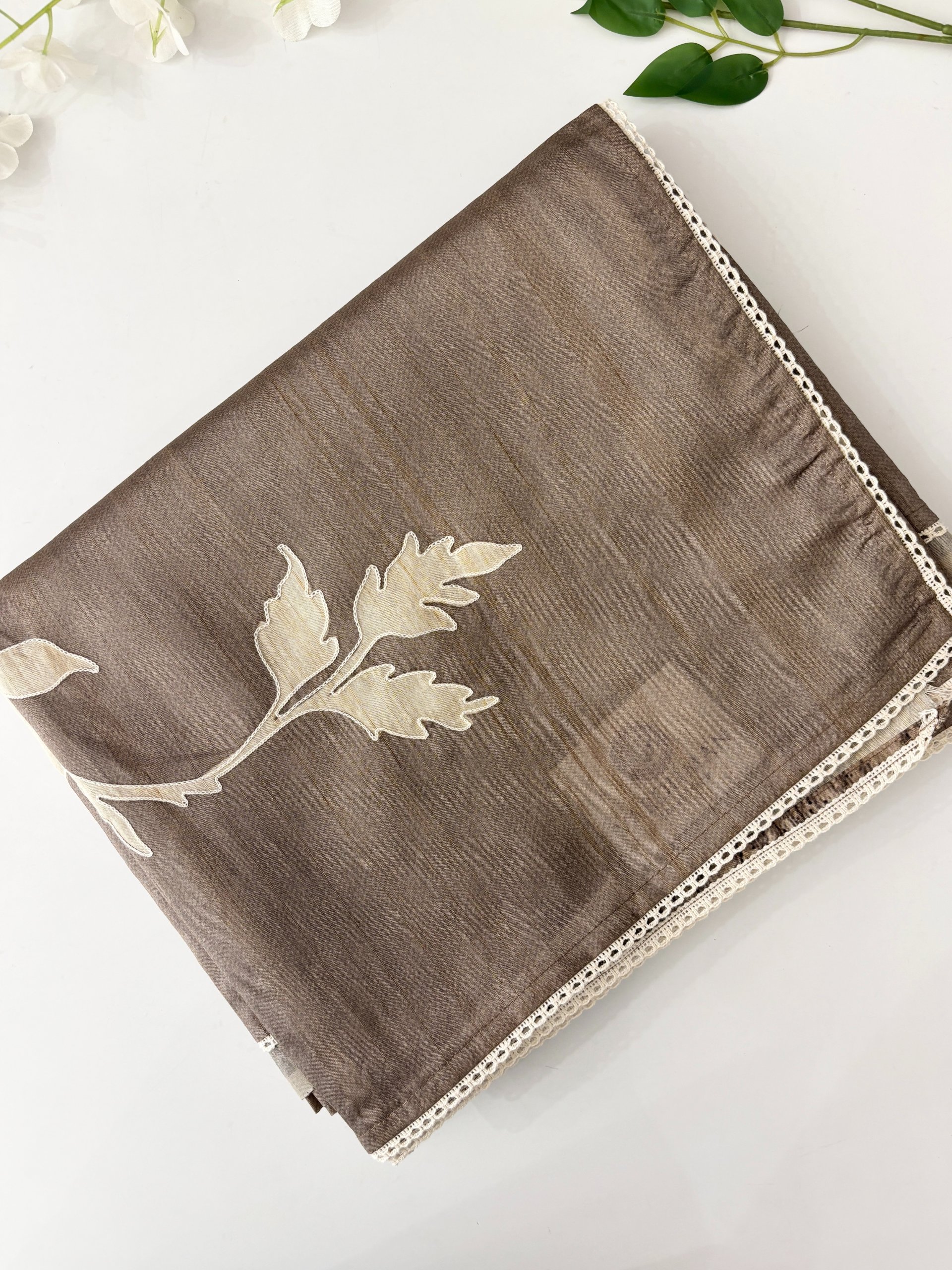 Dark Beige Semi Printed Tussar Silk Sarees with Aari Work