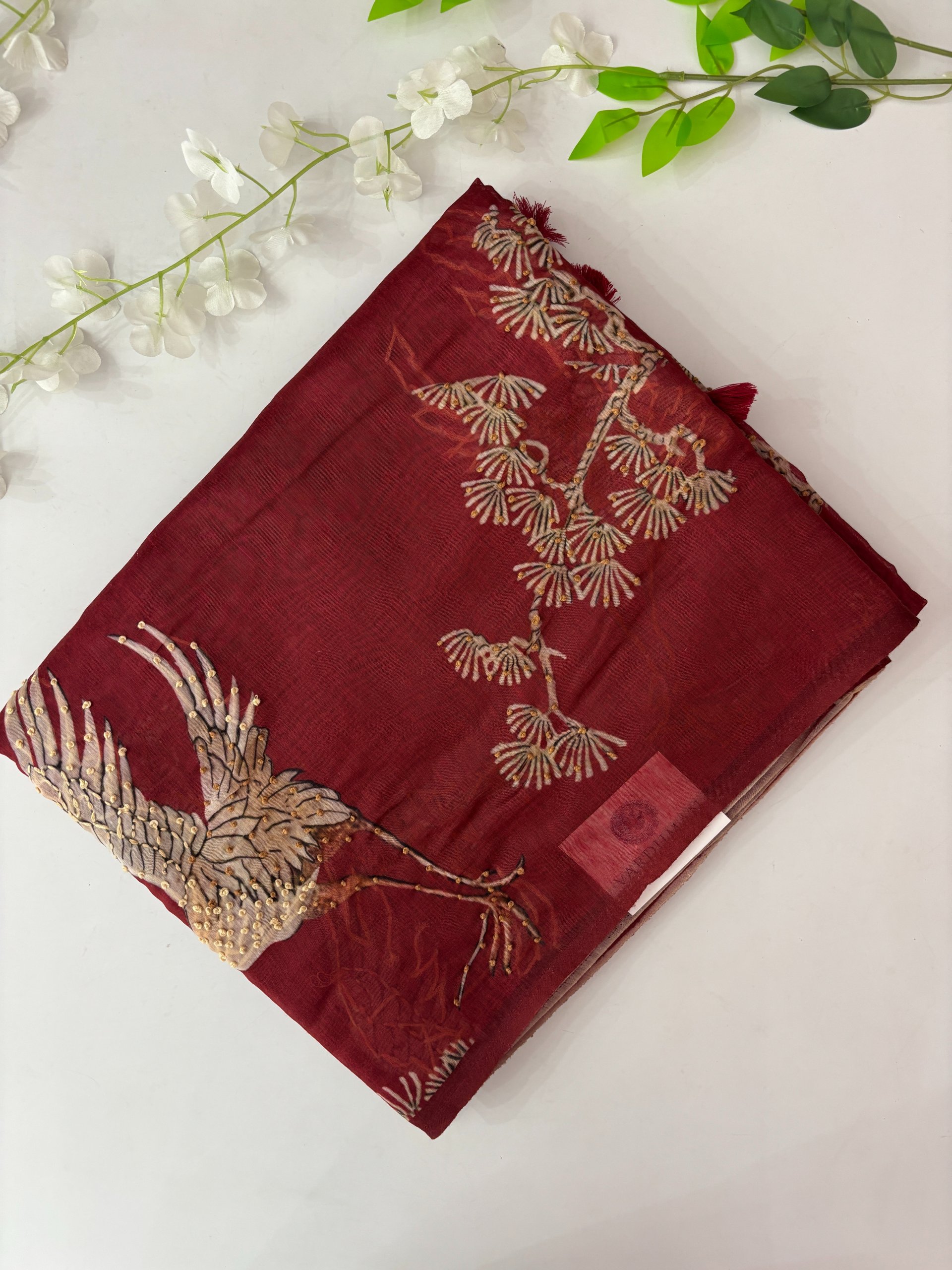 Maroon Printed Chanderi Cotton Saree with Knot Work