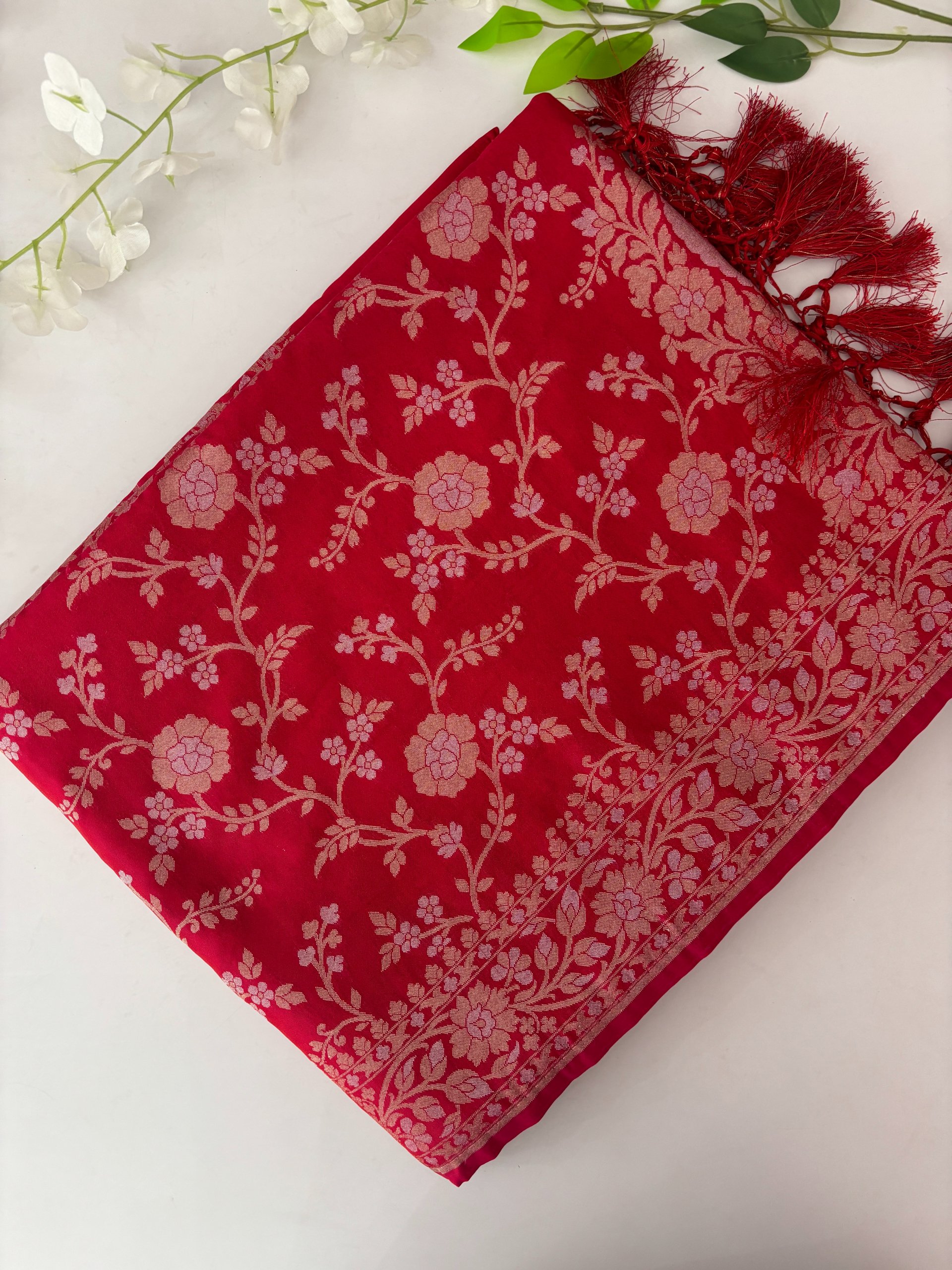 Red Semi Banarasi Silk Saree
