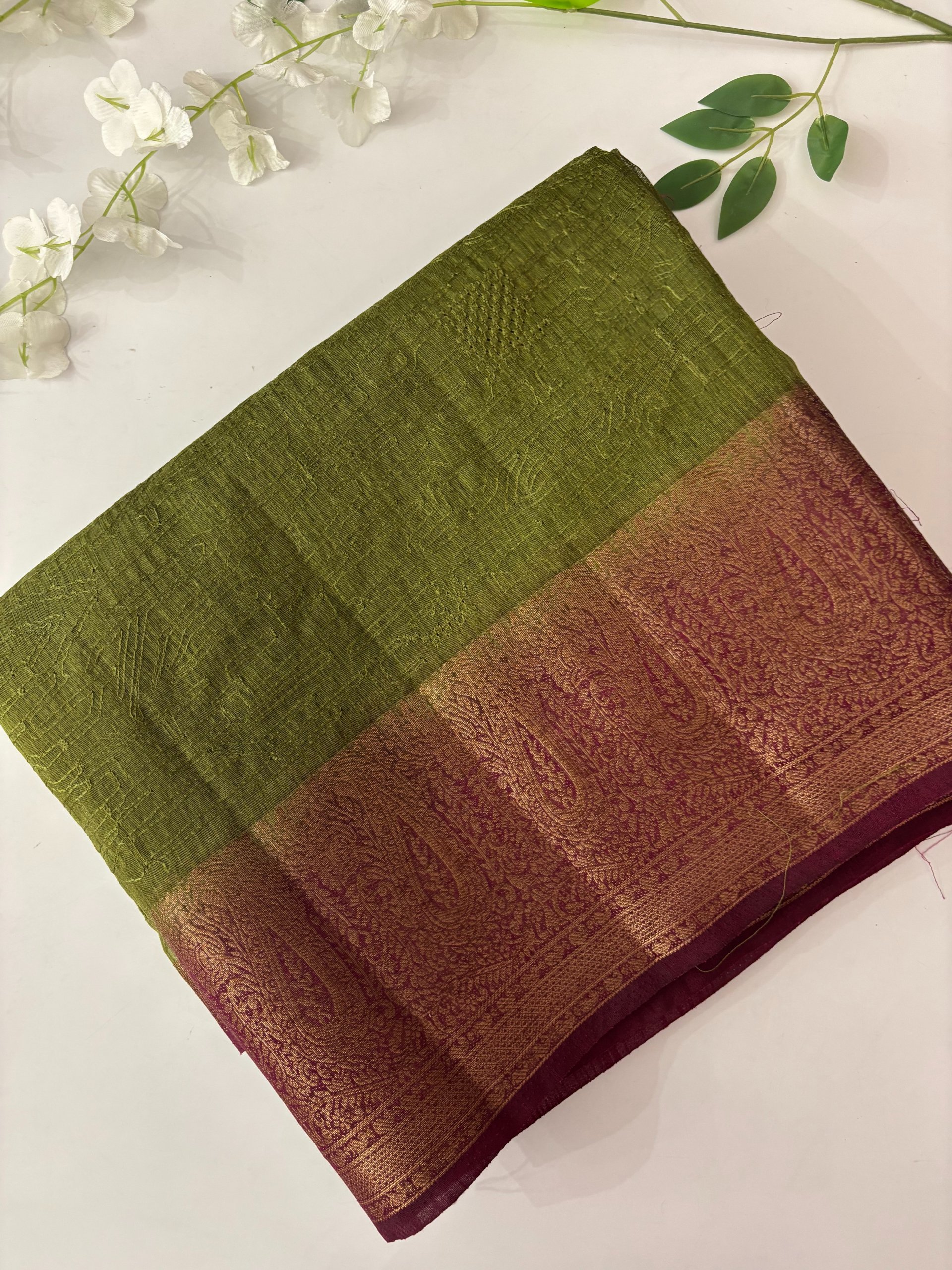 Mehendi Banarasi Jute Linen Silk Saree with Embroidery