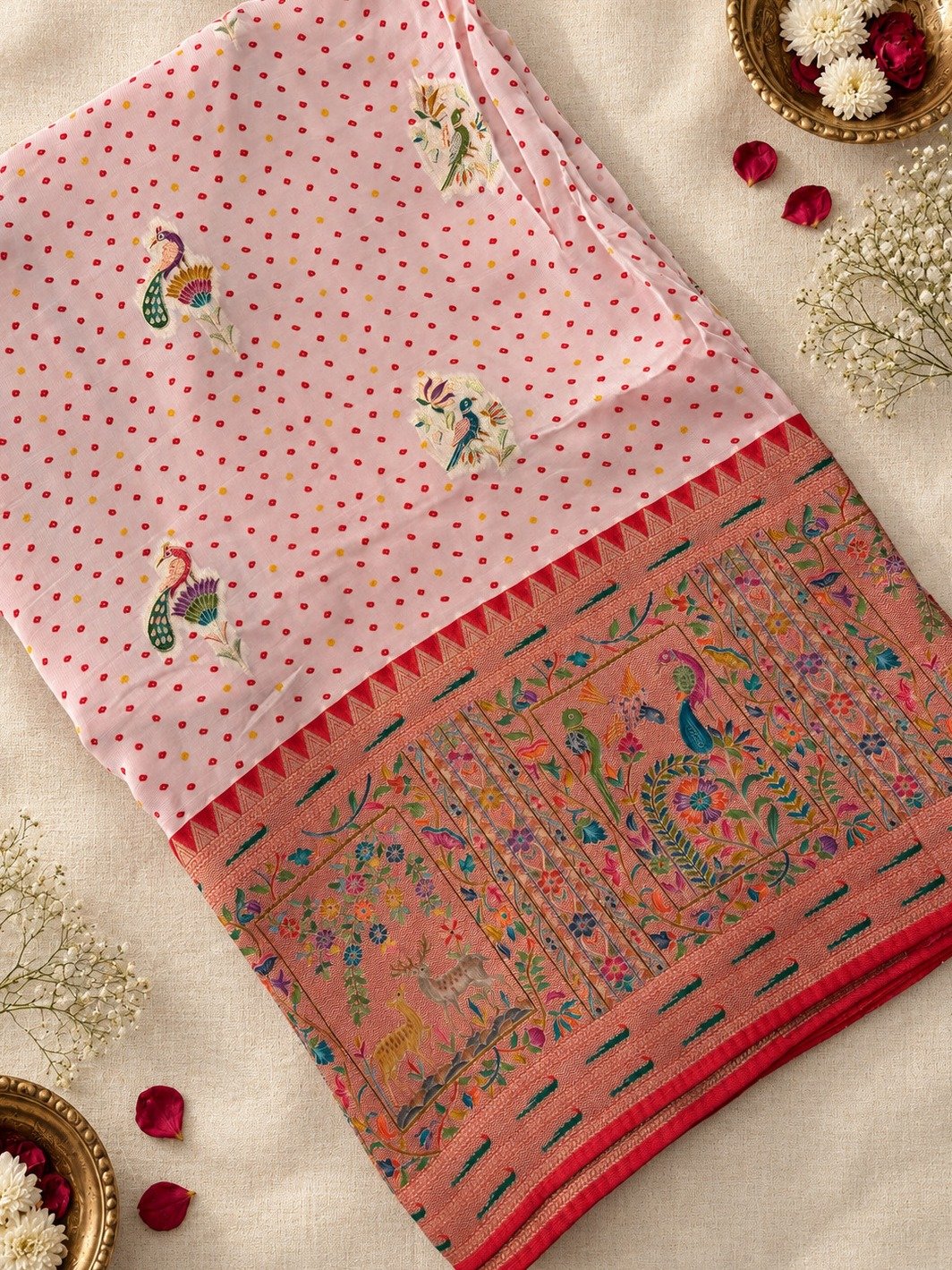 White Bandhani Georgette Saree