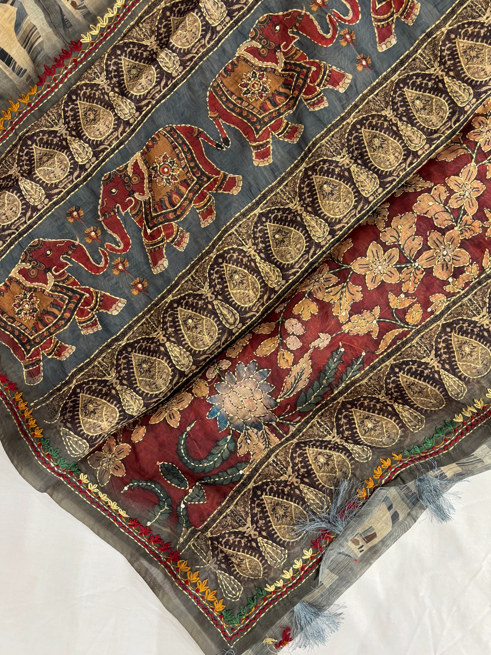 Black Chanderi Cotton Saree with Knot Work Border & Kantha Work Pallu