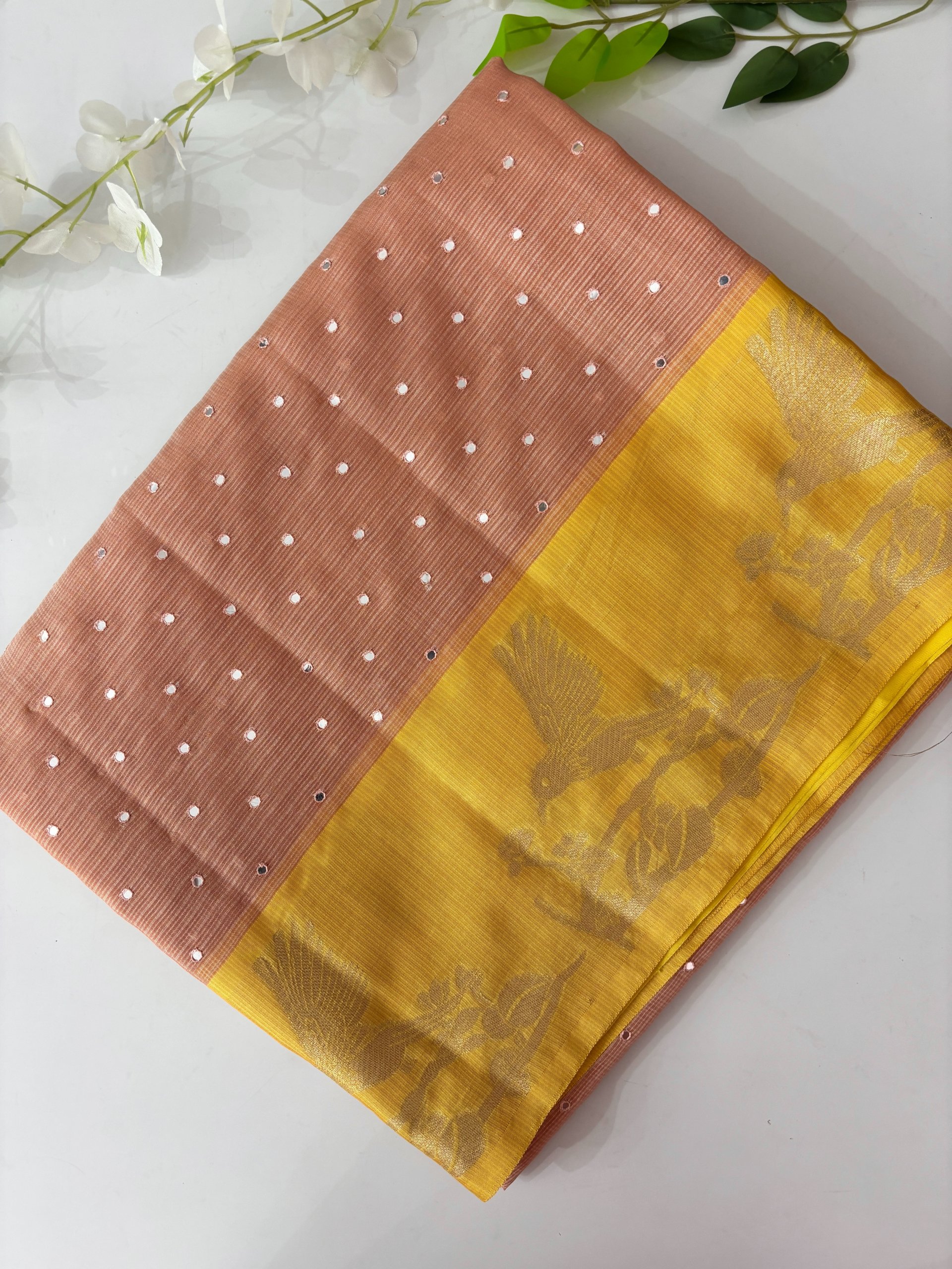 Peach Kota Cotton Saree with Mirror Work