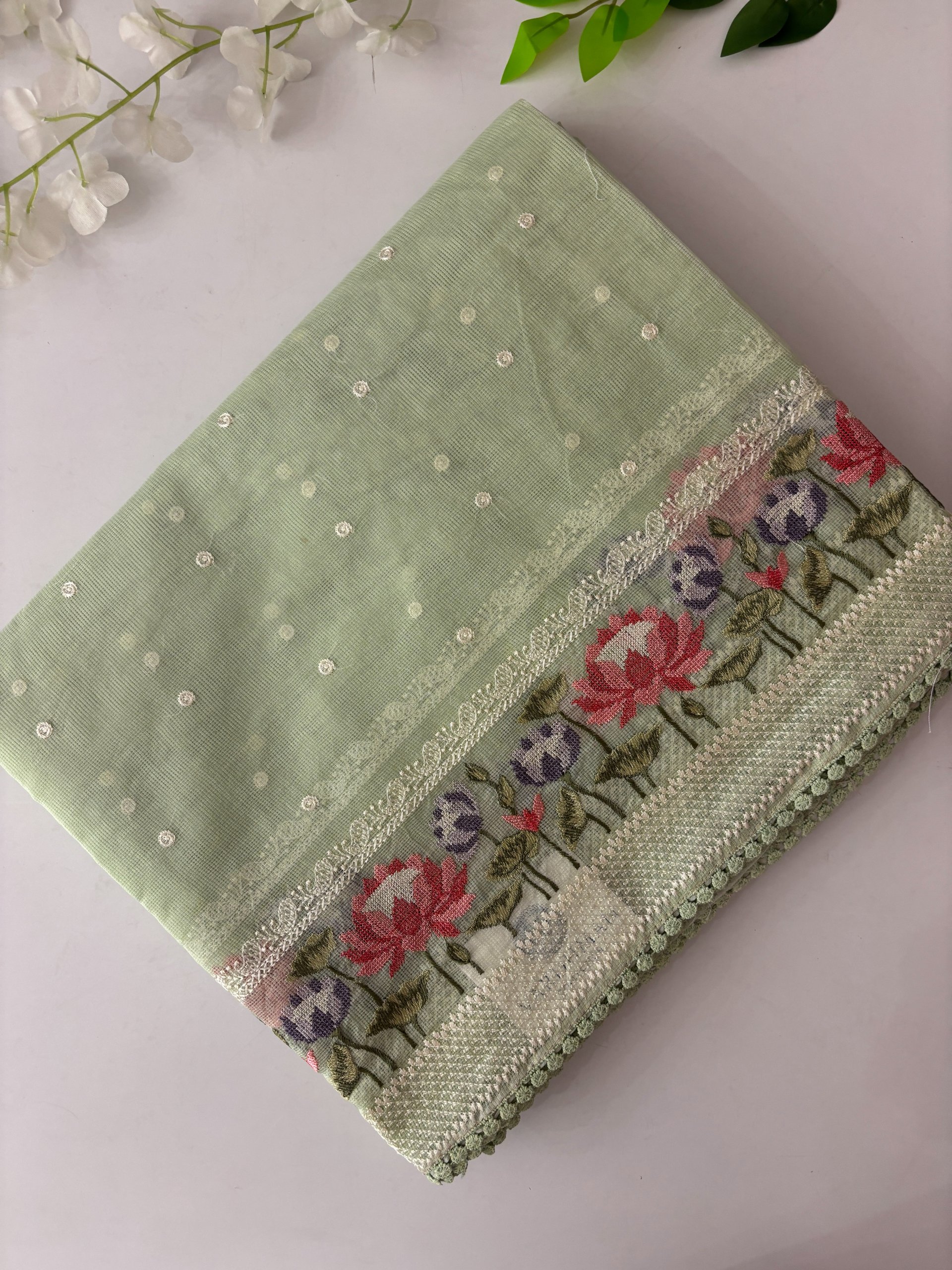 Green Supernet Saree with Embroidery