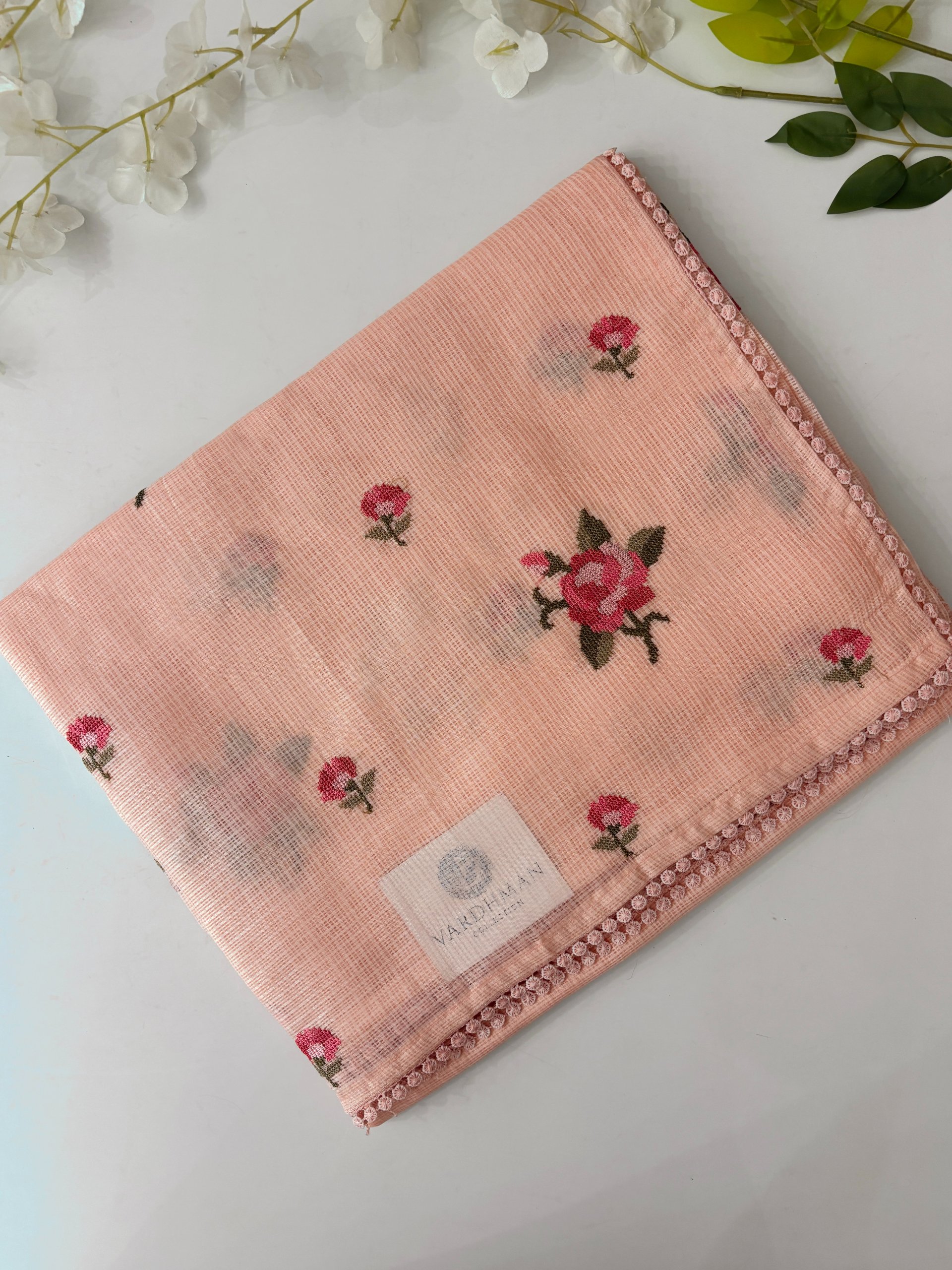 Light Peach Supernet Saree with Cross Stitch Embroidery