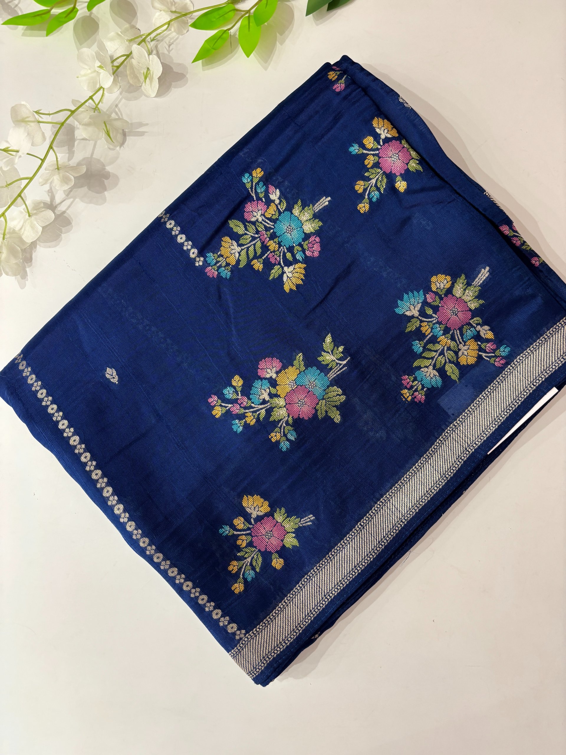 Navy Blue Small Border Banarasi Semi Tussar Silk Saree