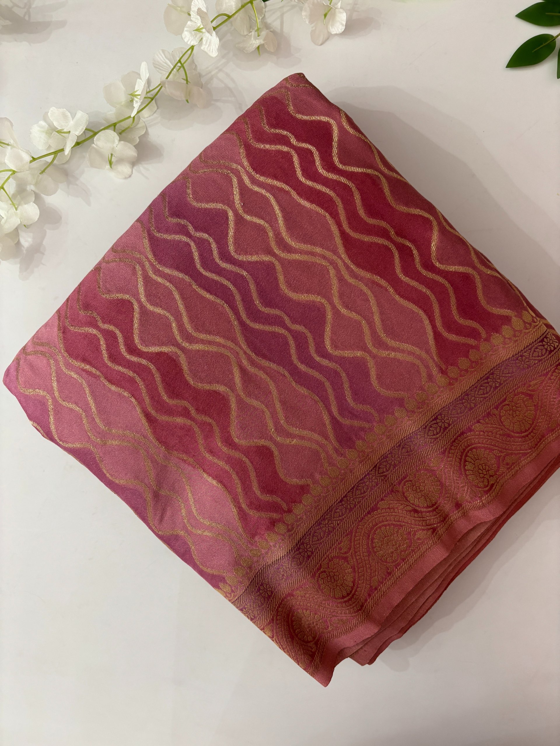 Onion Pink Banarasi Rangkat Crepe Saree