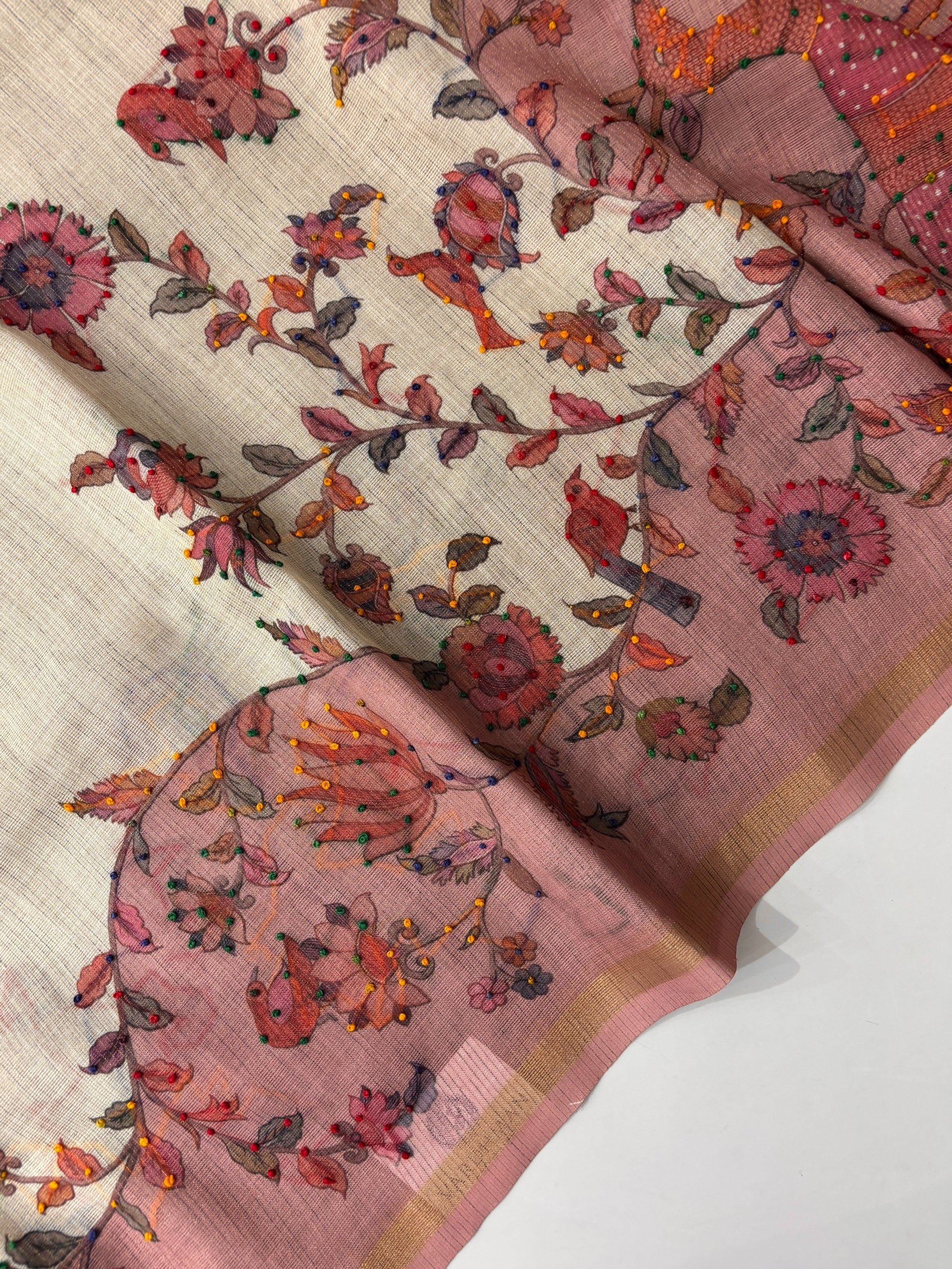 Off White and Light Peach Tissue Linen Knot Work Saree
