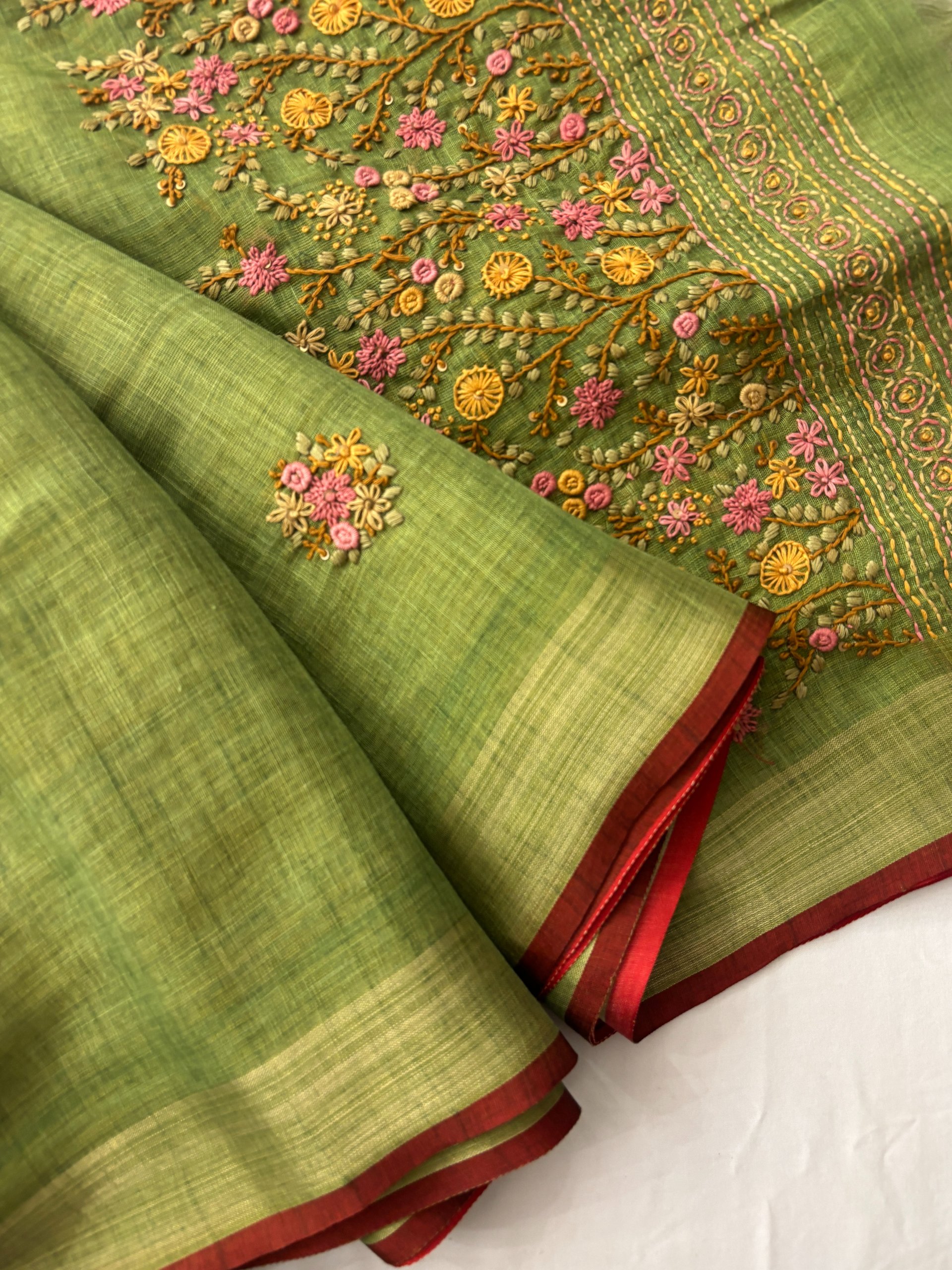Green Linen Tissue Saree with Knot Work
