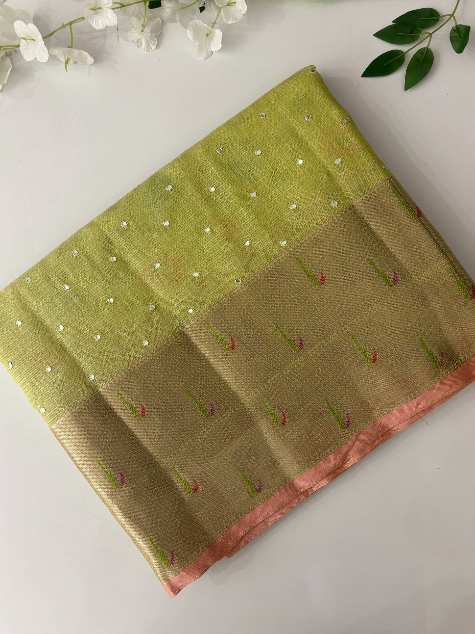 Parrot Green Muniya Border Kota Cotton Saree with Mirror Work