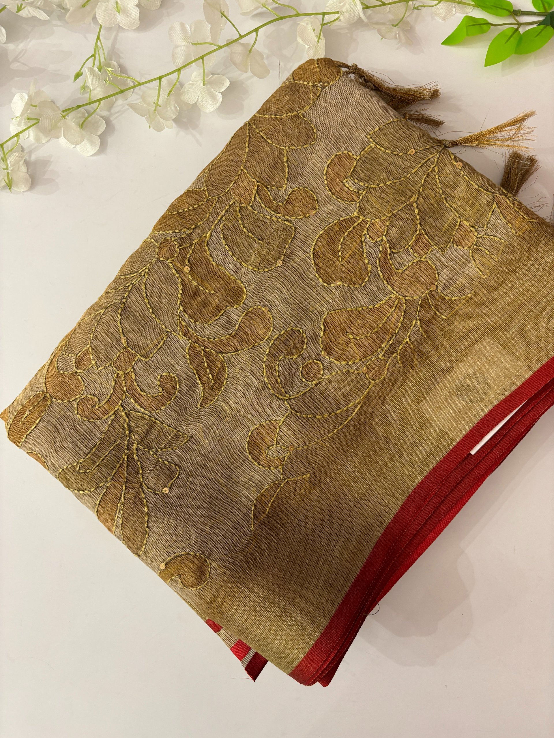 Mustard Linen Tissue Saree with Kantha Work