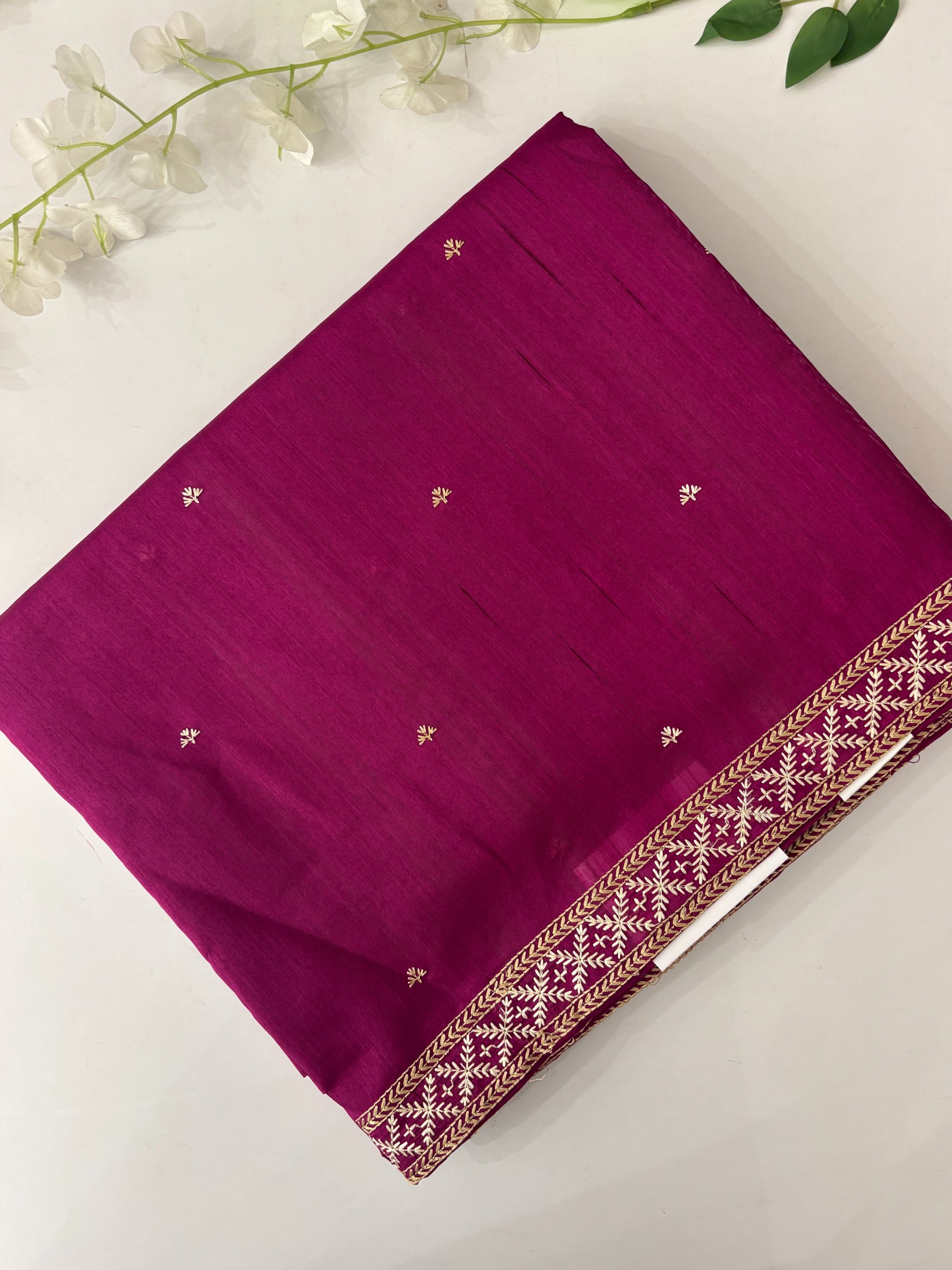 Magenta Tussar Silk Saree with Embroidery