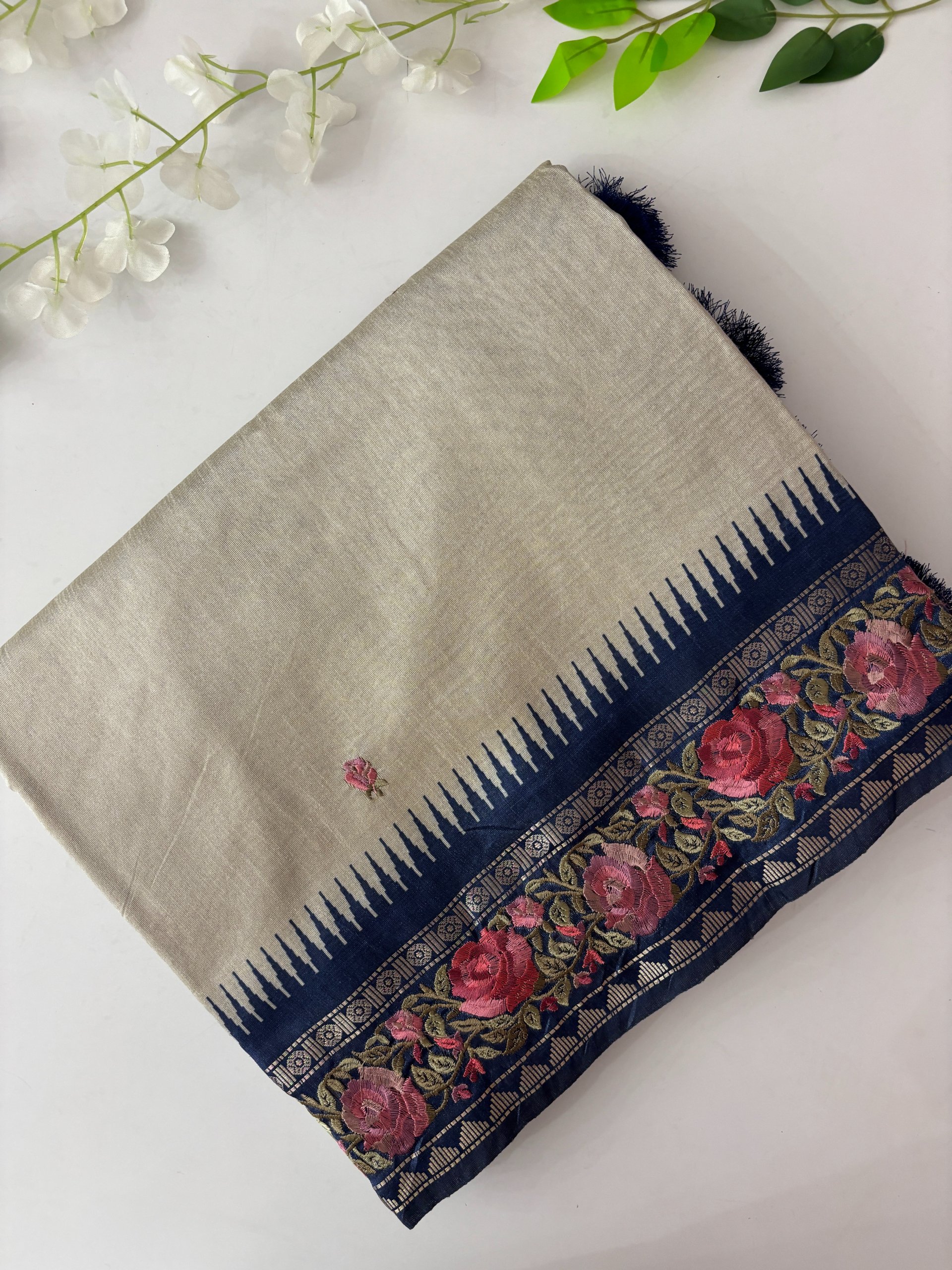 Navy Blue Border Tussar Silk Saree with Border Embroidery