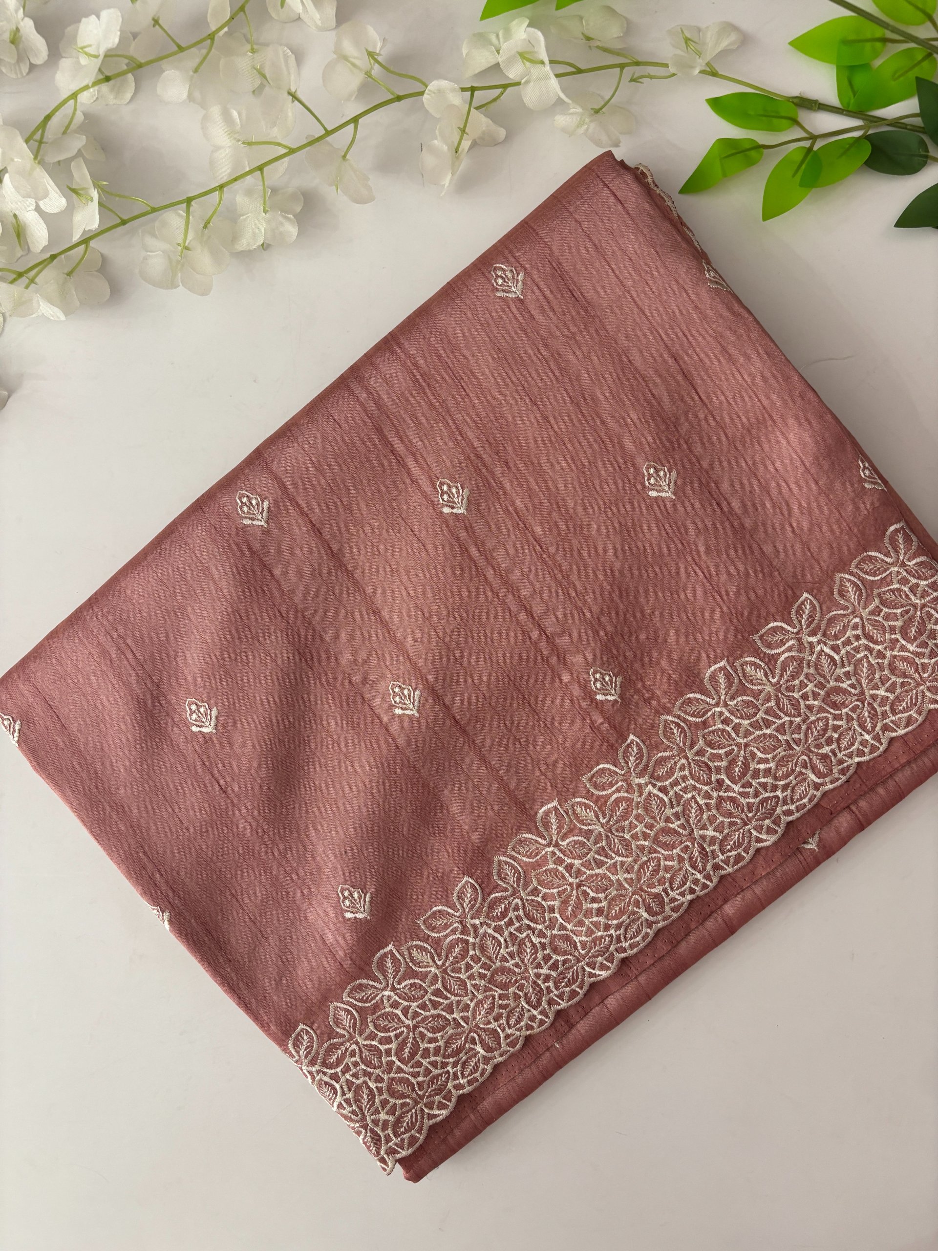 Dusty Peach Semi Tussar Silk Saree with Embroidery on it