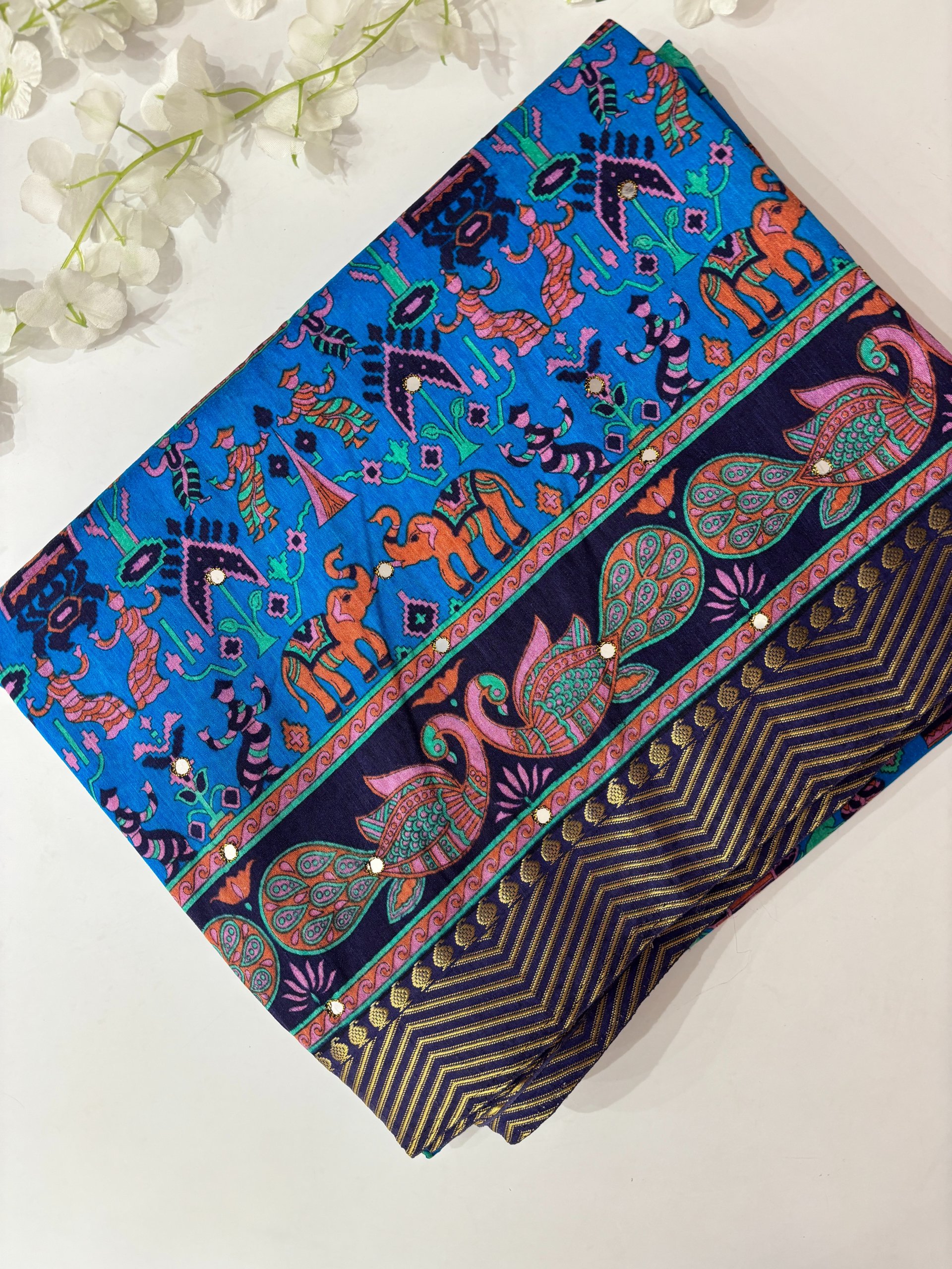 Blue Printed Tussar Silk Saree with Mirror Work