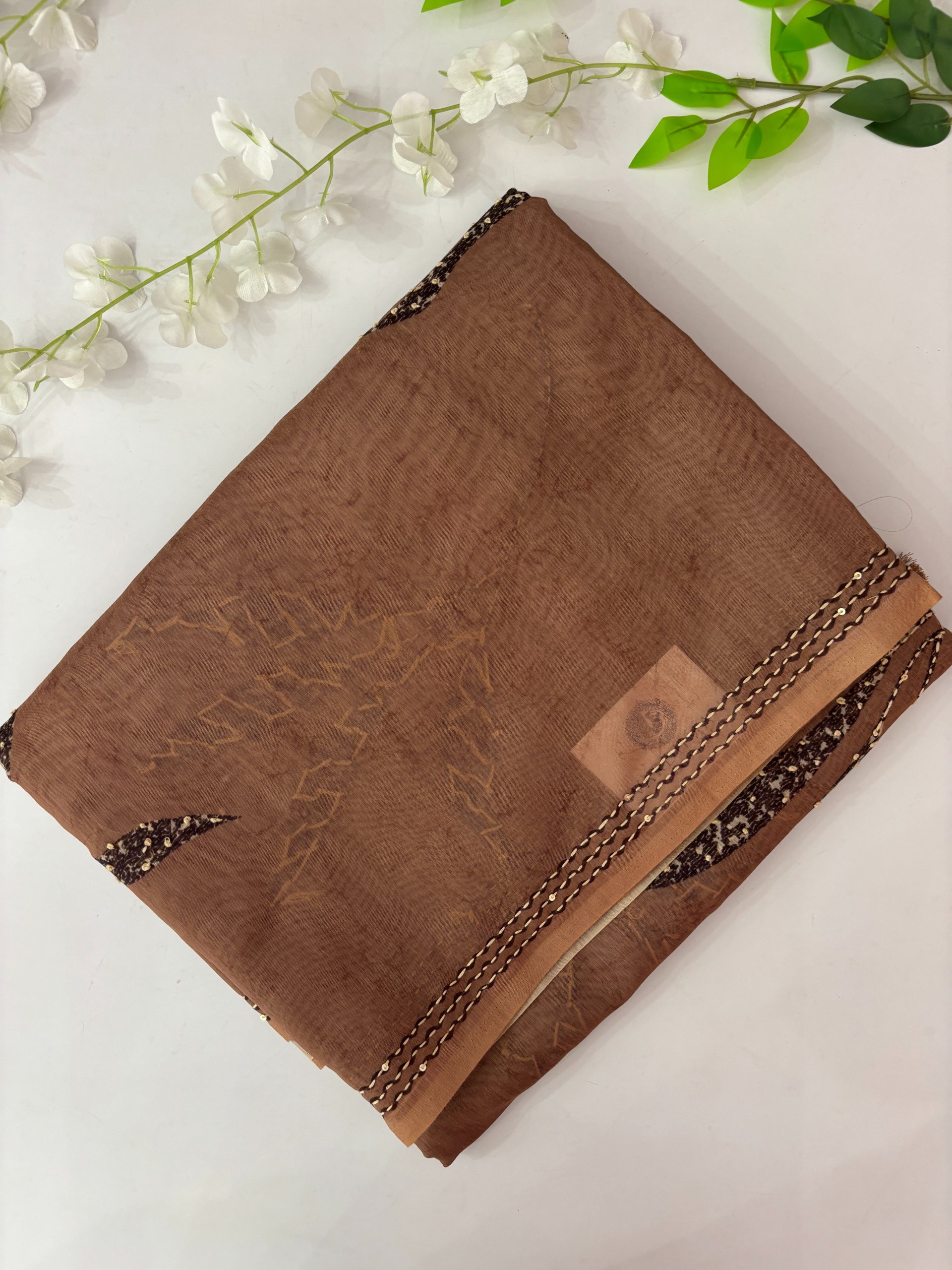 Dark Beige Printed Chanderi Cotton Saree with Knot Work