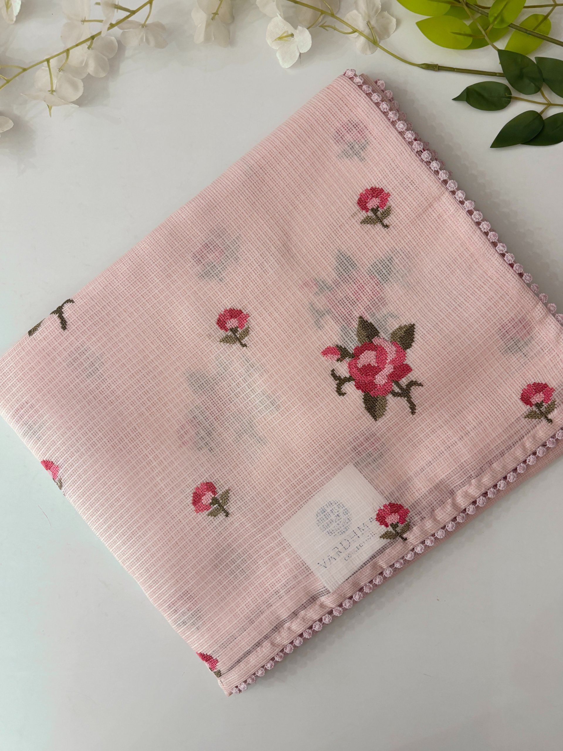 Light Pink Supernet Saree with Cross Stitch Embroidery