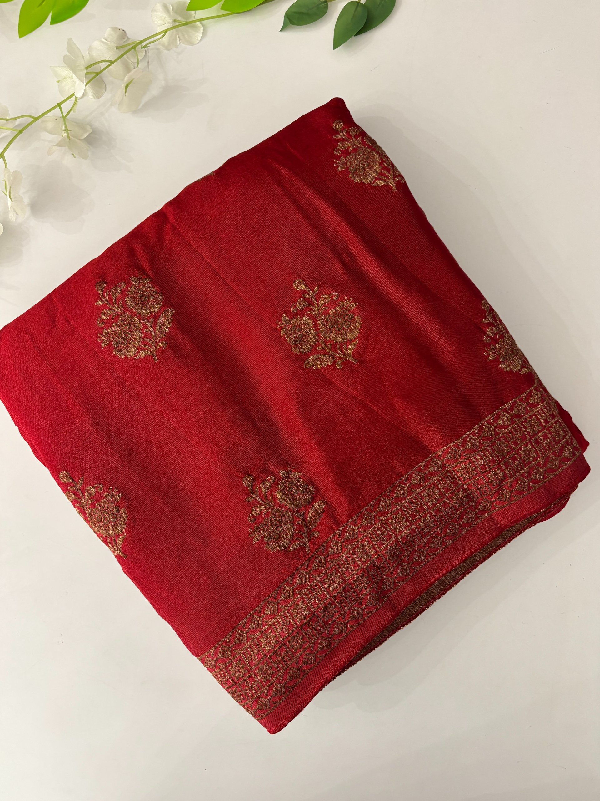 Dusty Red Semi Banarasi Crepe Saree