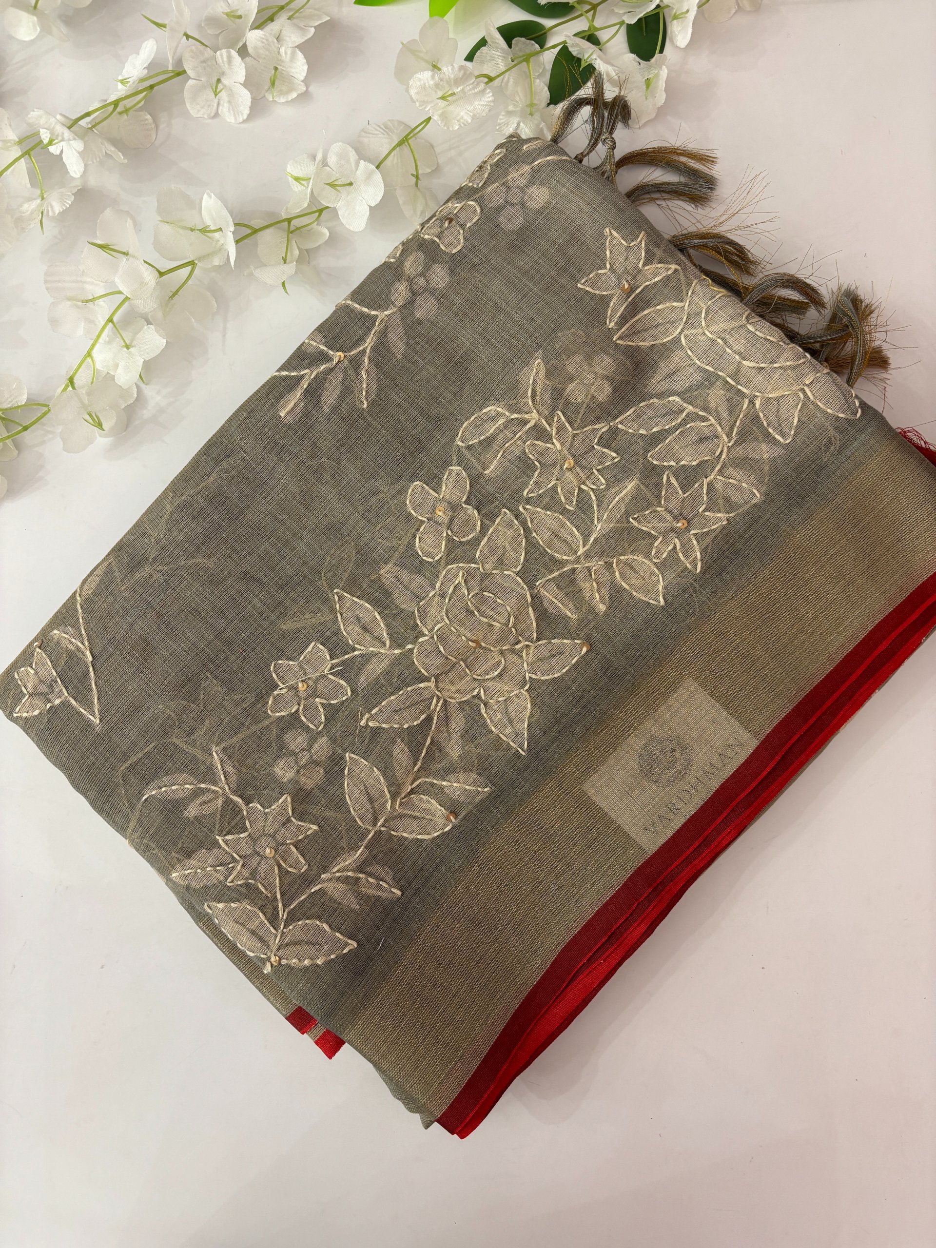 Grey Linen Tissue Saree with Kantha Work