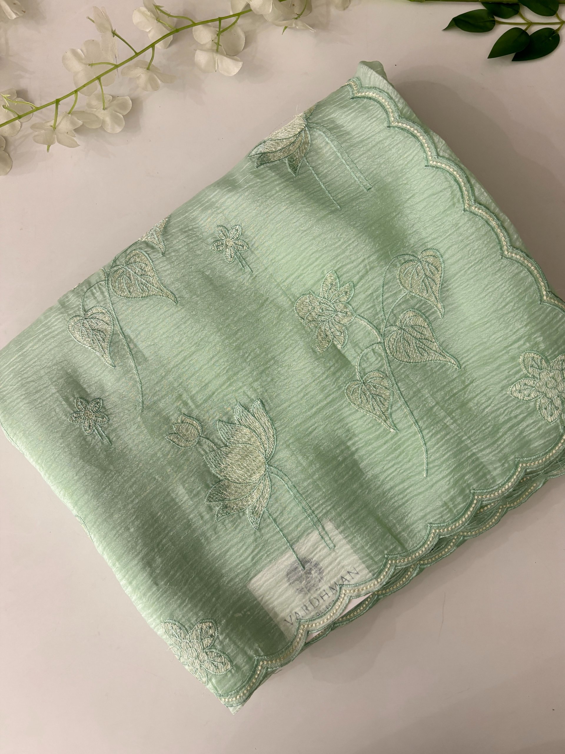 Light Green Shaded Crush Tissue Georgette Saree with Embroidery