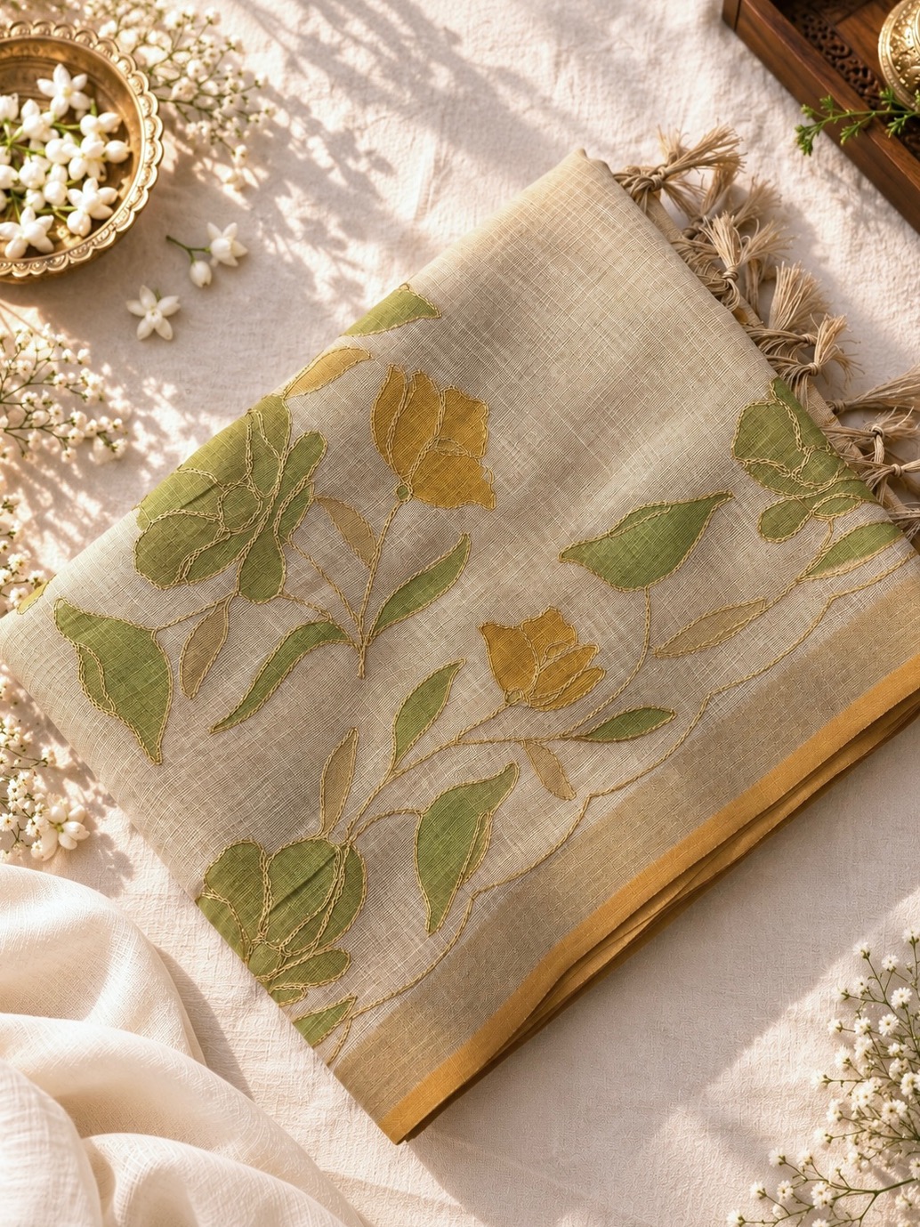 Cream Tissue Linen Sarees with Zari Embroidery