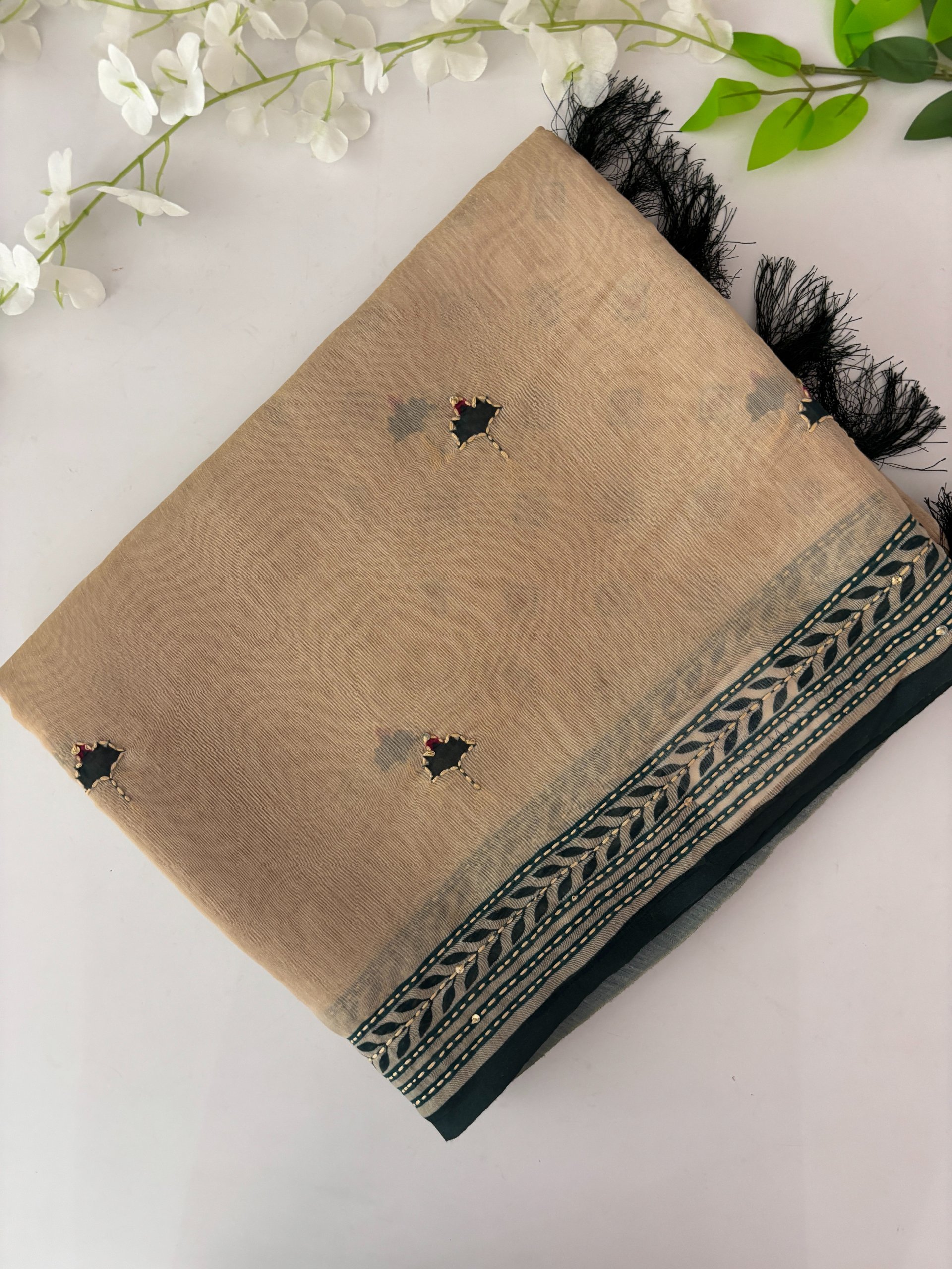 Beige and Green Kantha Work Saree